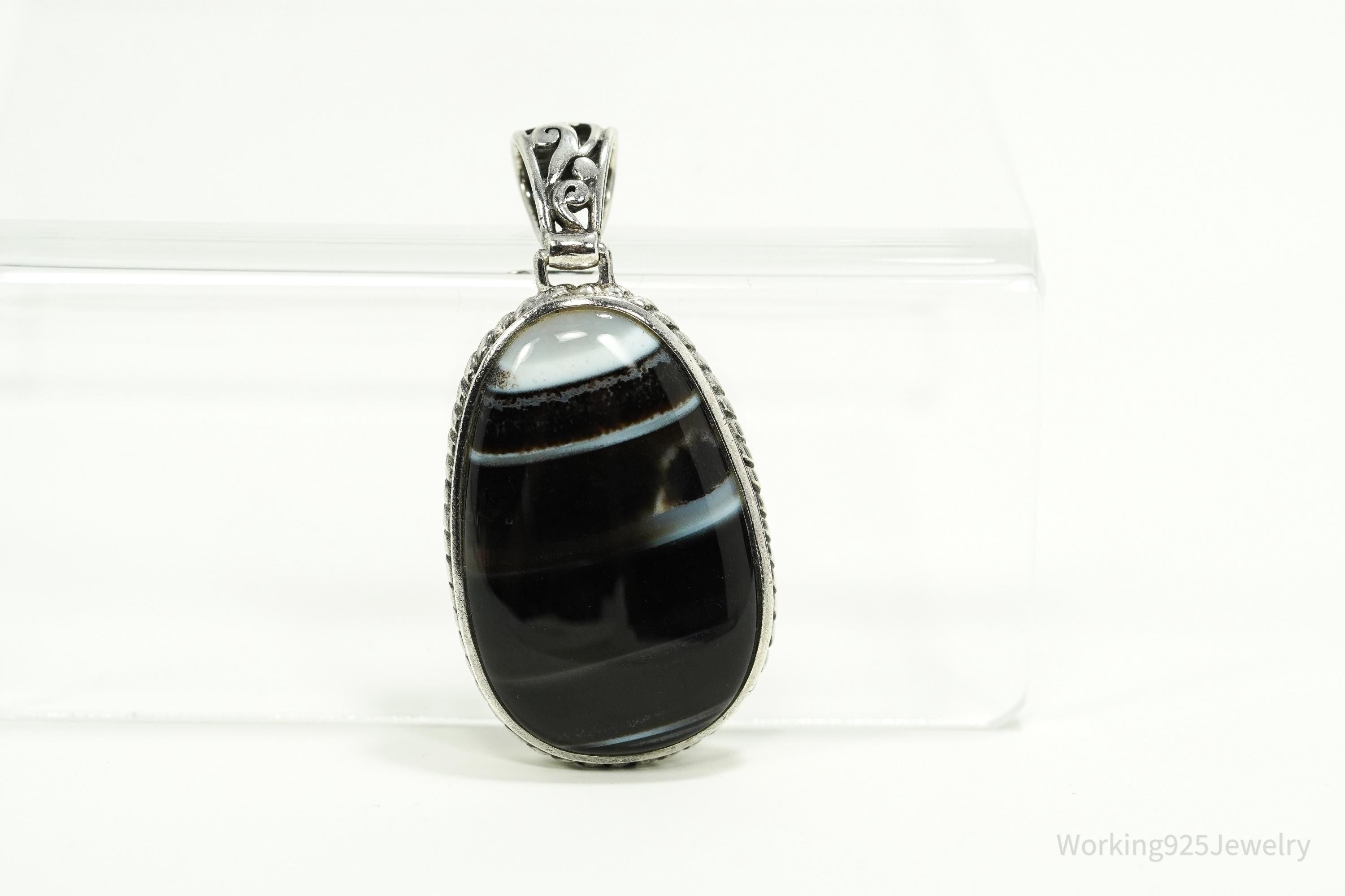 Vintage Large Black Lace Agate Sterling Silver Pendant