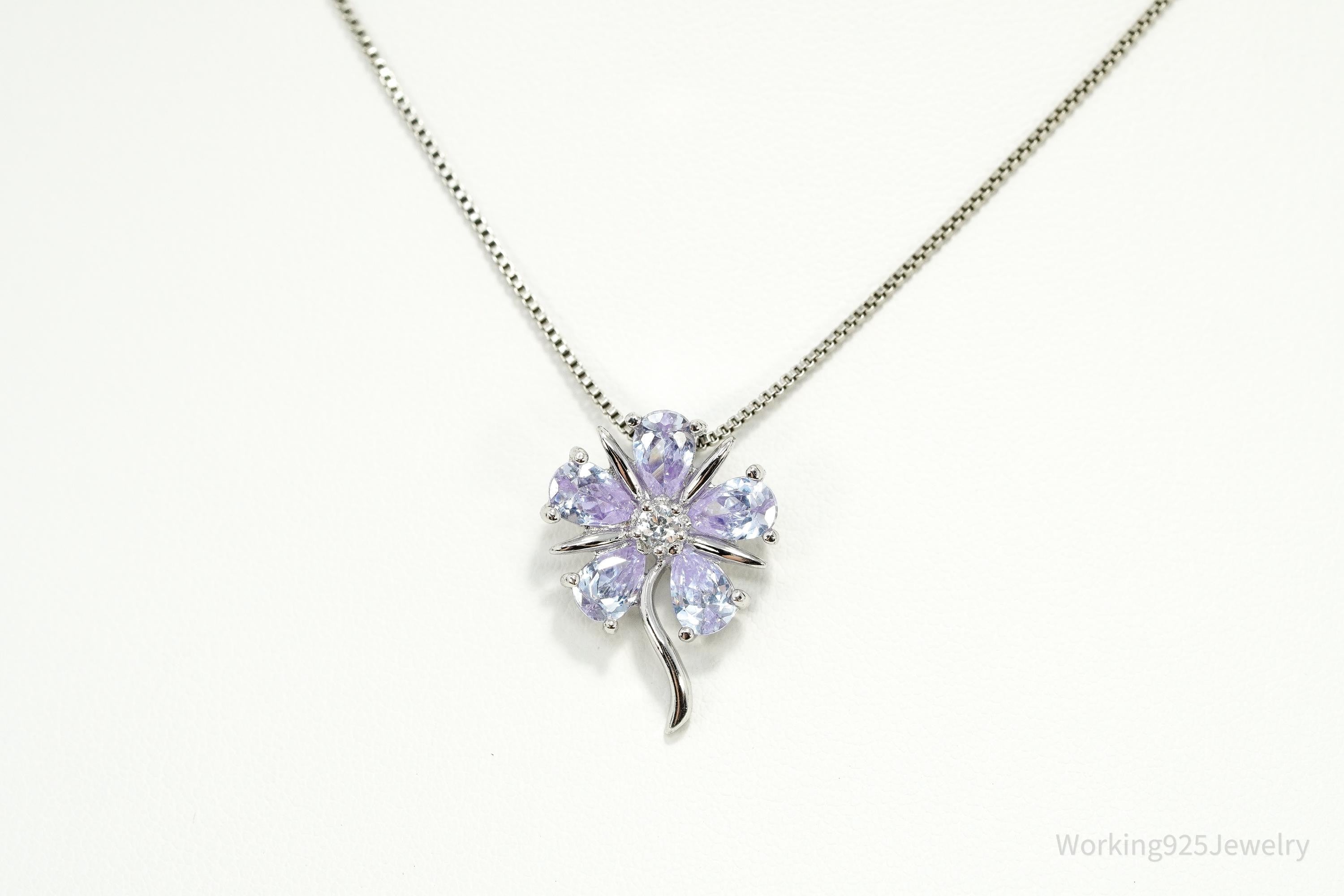 Vintage Periwinkle & White Cubic Zirconia Sterling Silver Flower Necklace - 18"