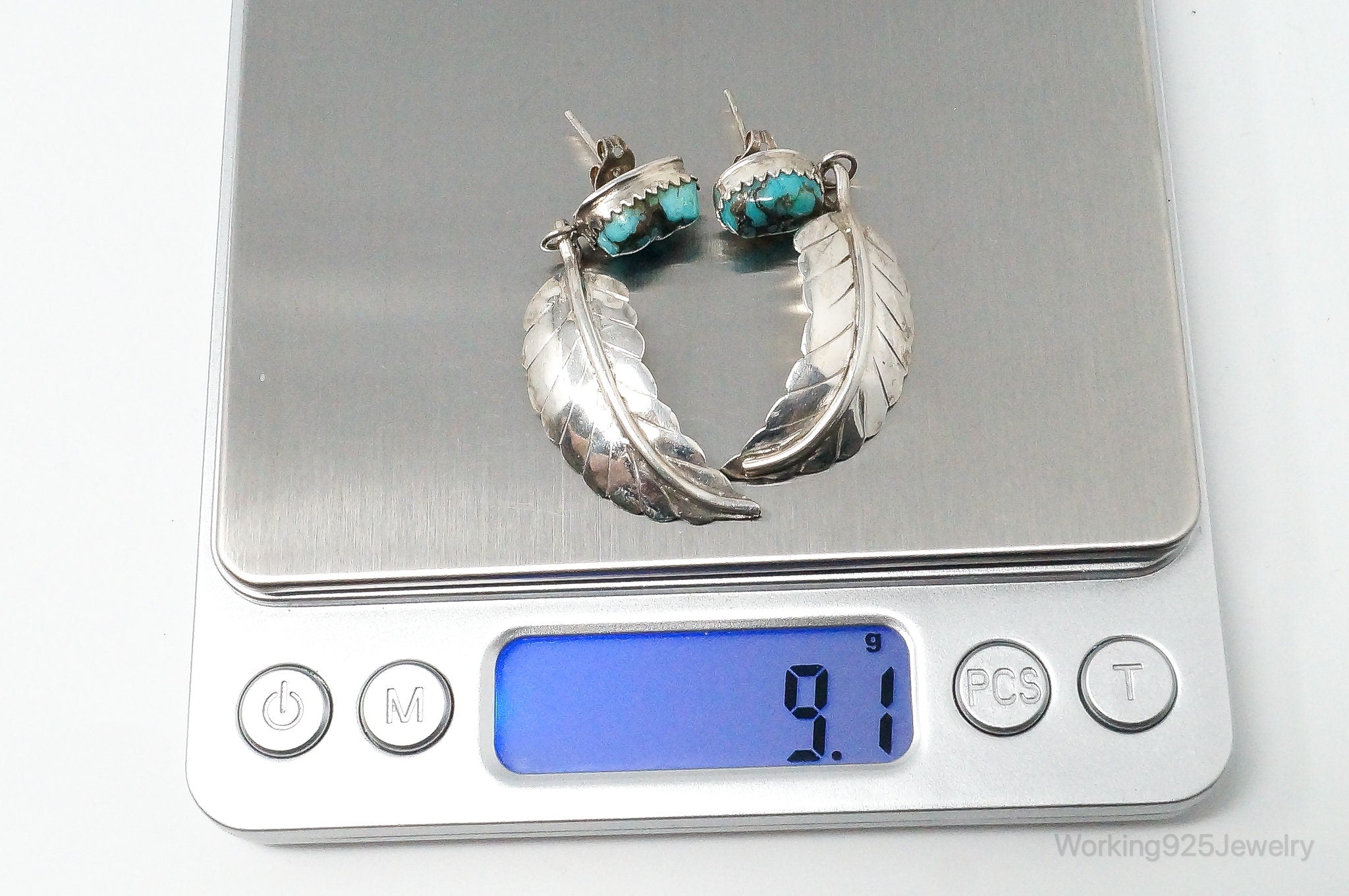 Vintage Native American Turquoise Feather Sterling Silver Earrings