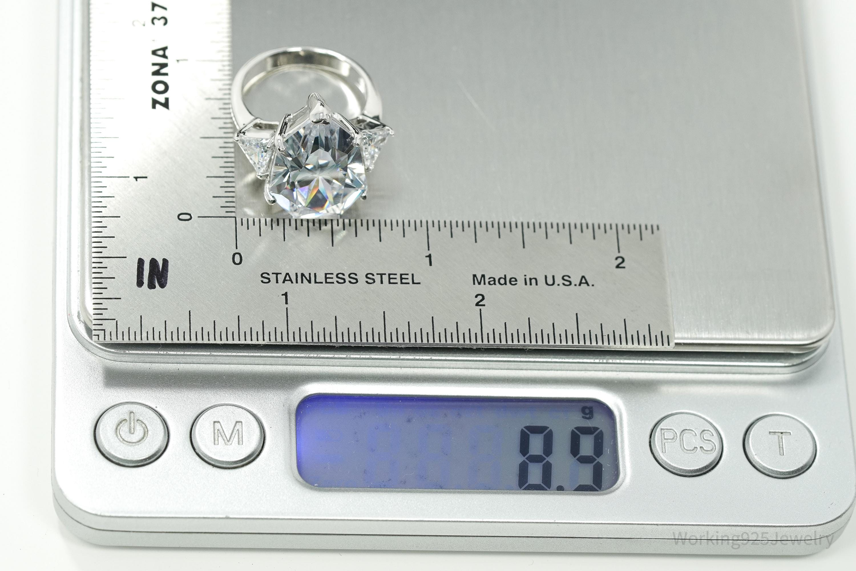 Designer PJM Large Cubic Zirconia Sterling Silver Ring - Size 6