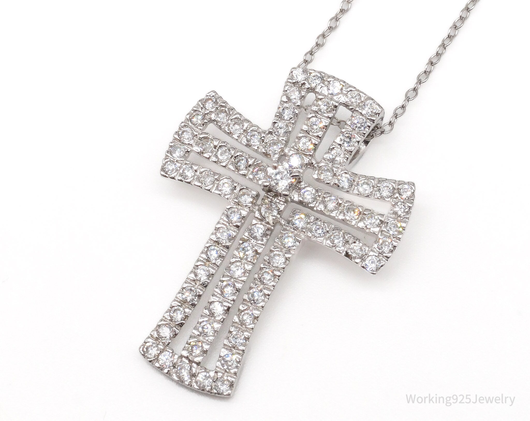 Vintage Cubic Zirconia Cross Sterling Silver Necklace 18"