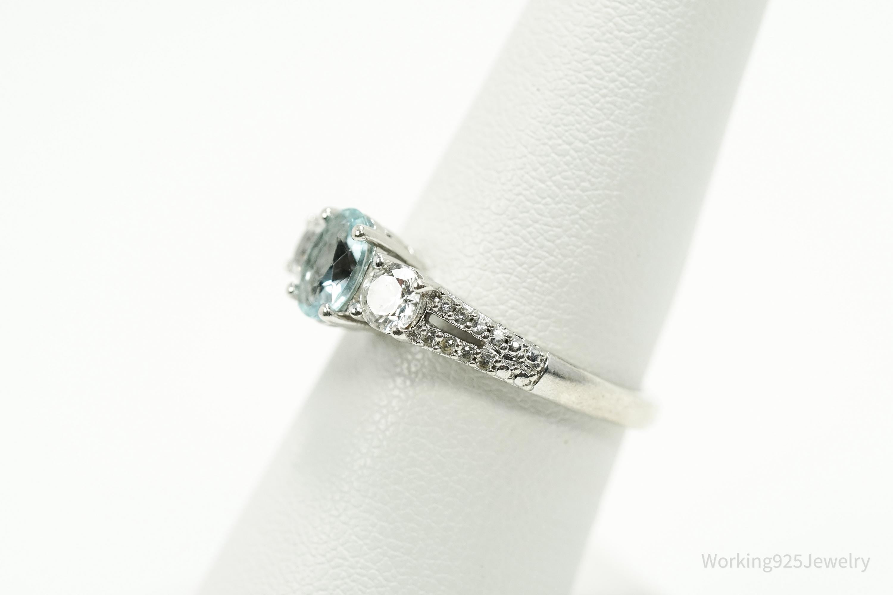 Vintage Blue Topaz & Cubic Zirconia Sterling Silver Ring - Size 7