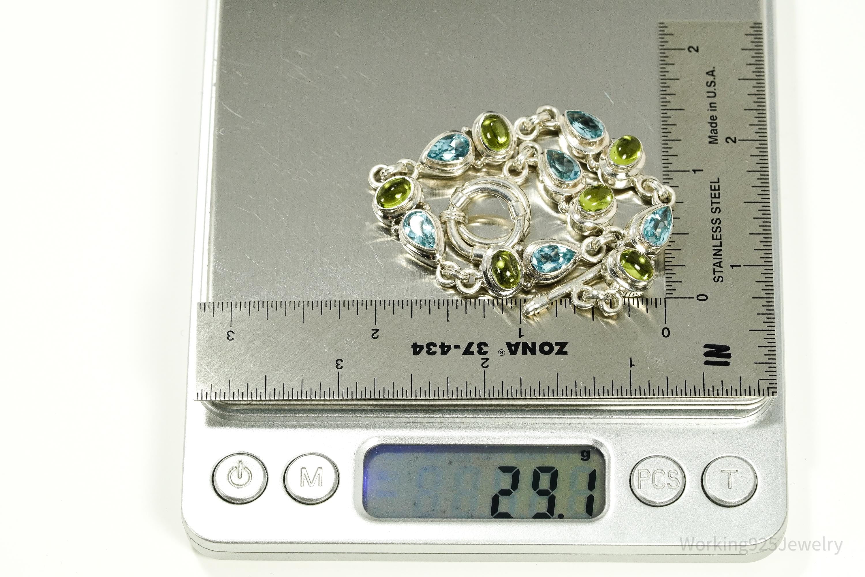 Vintage Blue Topaz & Peridot Sterling Silver Toggle Bracelet 8 1/8"