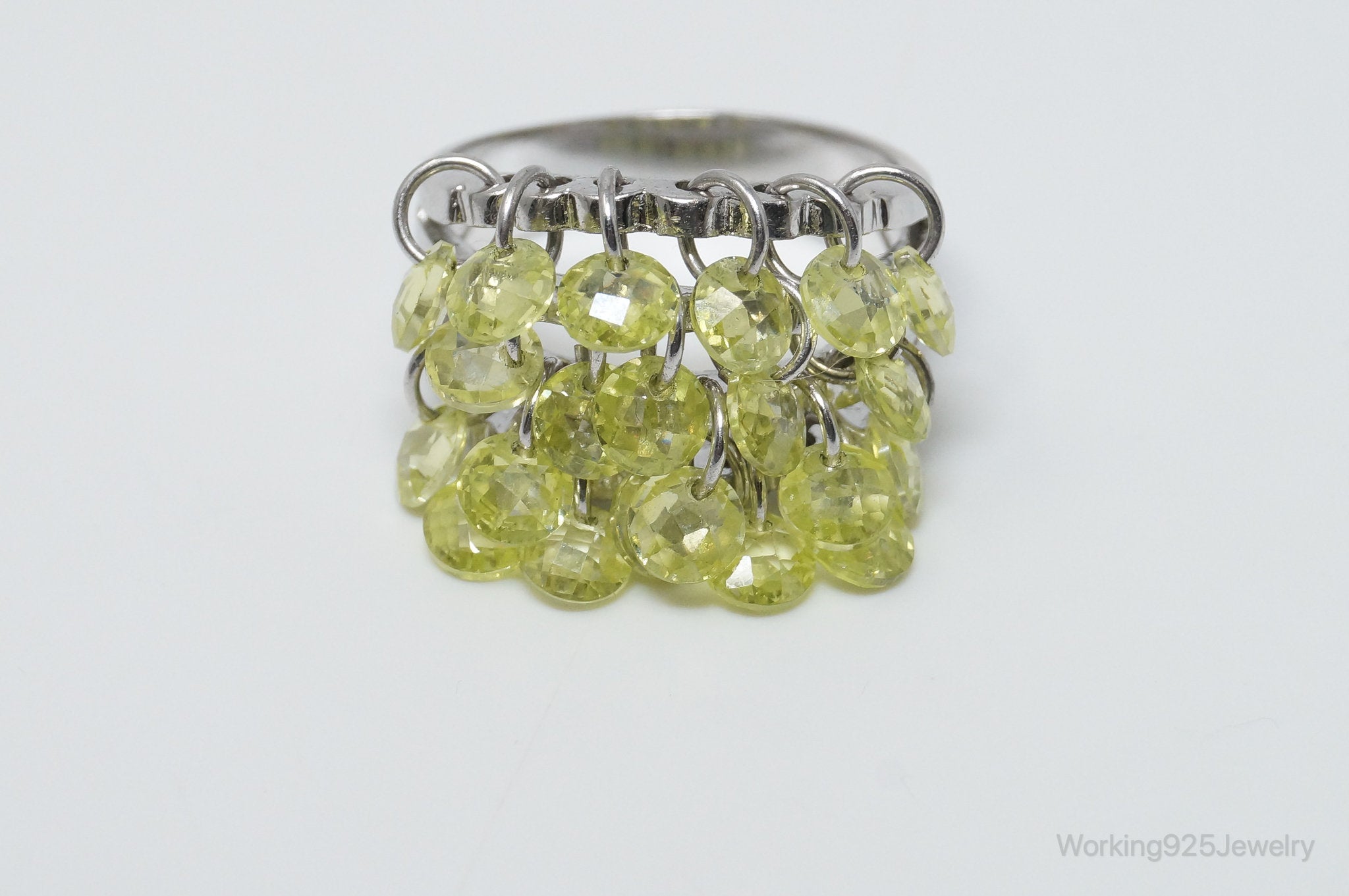 Vintage Peridot Dangling Gem Charms Sterling Silver Ring Size 10