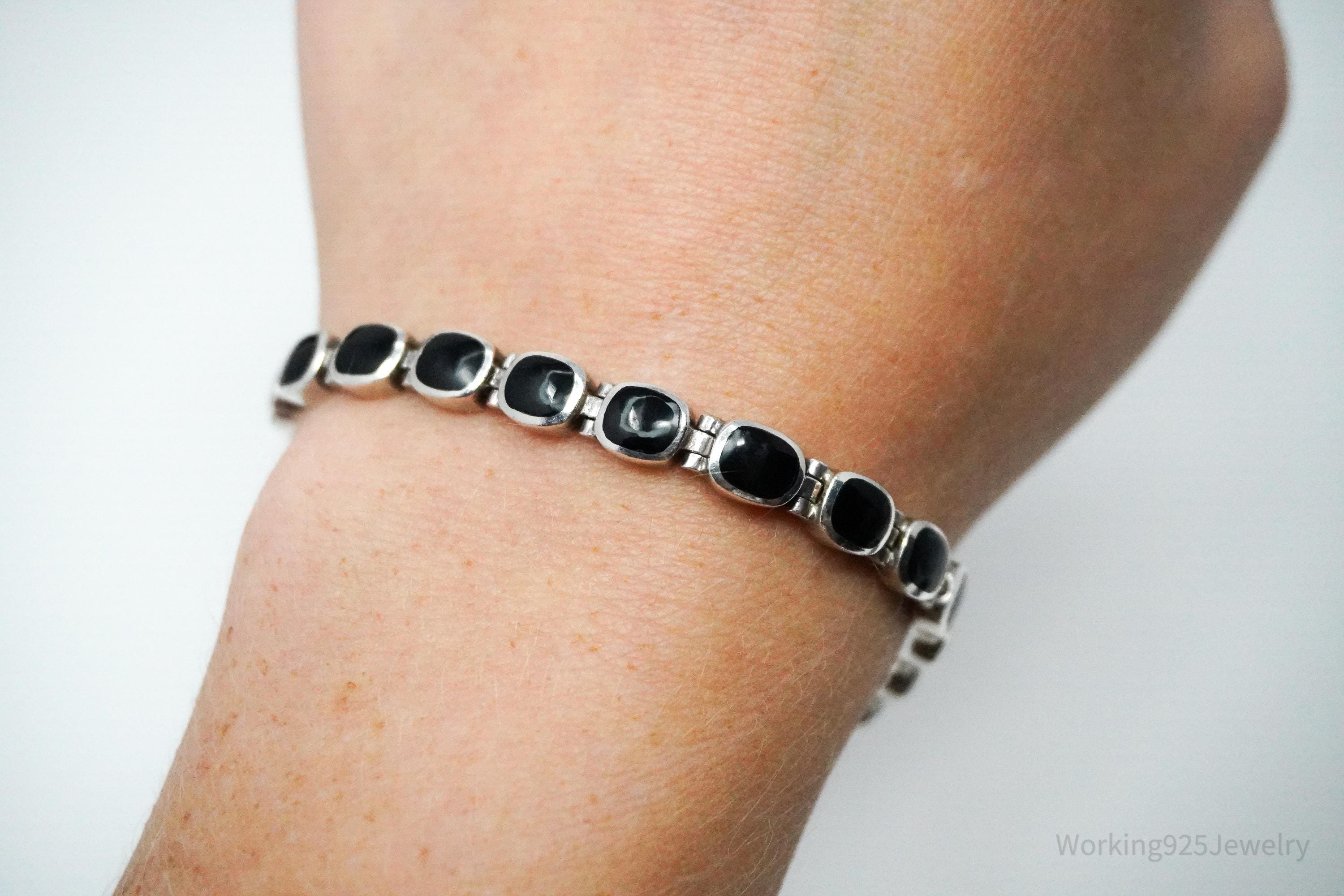 Vintage Southwestern Designer Peyote Bird Black Onyx Inlay Sterling Silver Bracelet 7.5