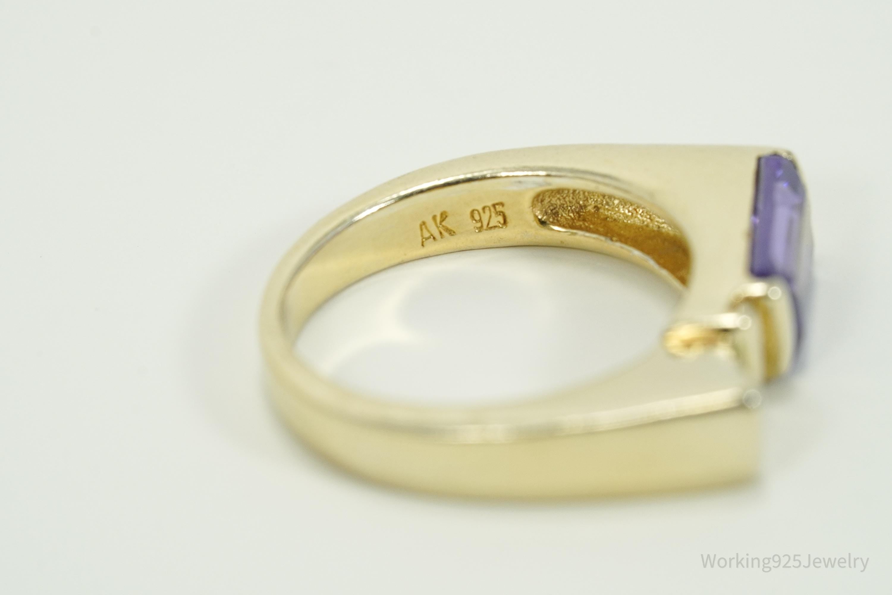 Vintage Designer AK Purple & White CZ Opal Gold Over Sterling Silver Ring - Size 8