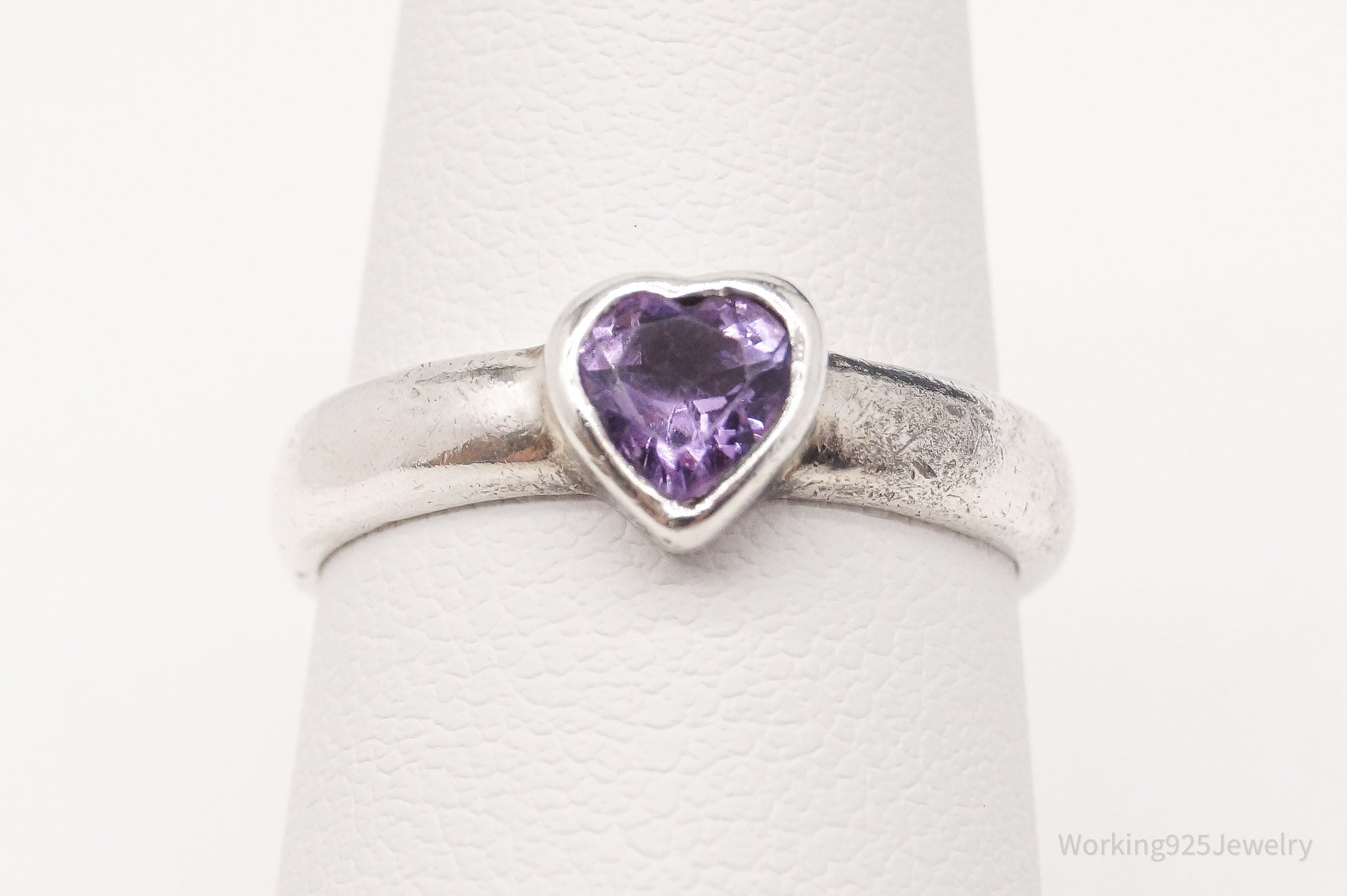 Vintage Amethyst Heart Sterling Silver Ring - Size 5.75