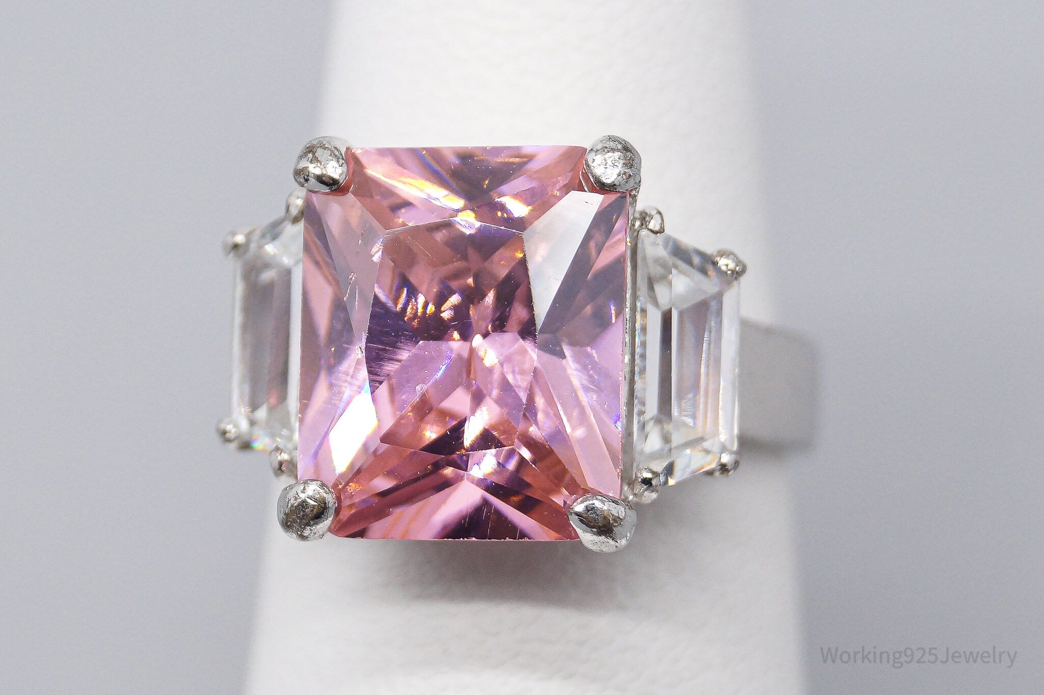 Vintage Large Pink & White Cubic Zirconia Rhodium Over Sterling Silver Ring - Size 6