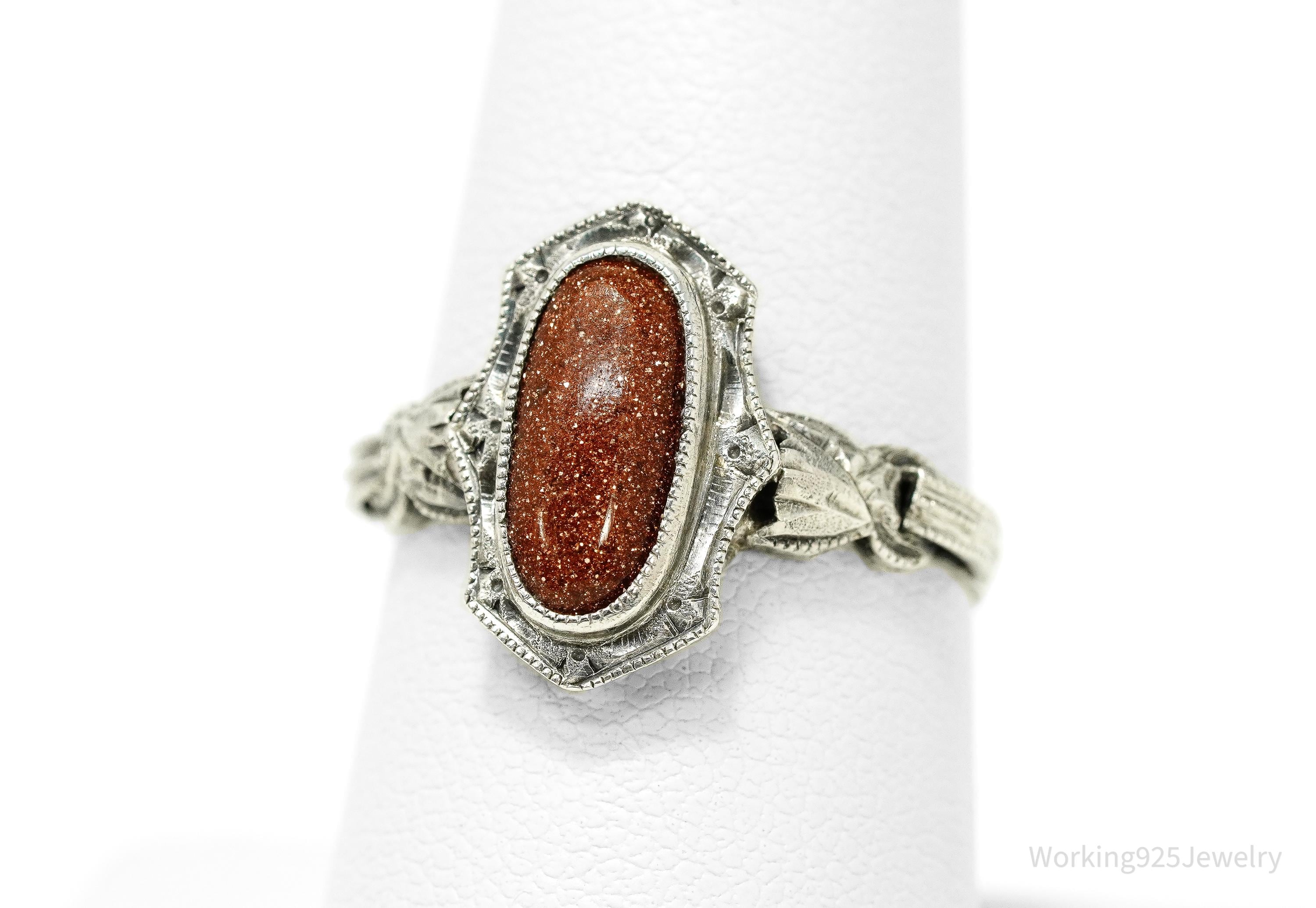 Antique Goldstone Ornate Silver Ring Size 8