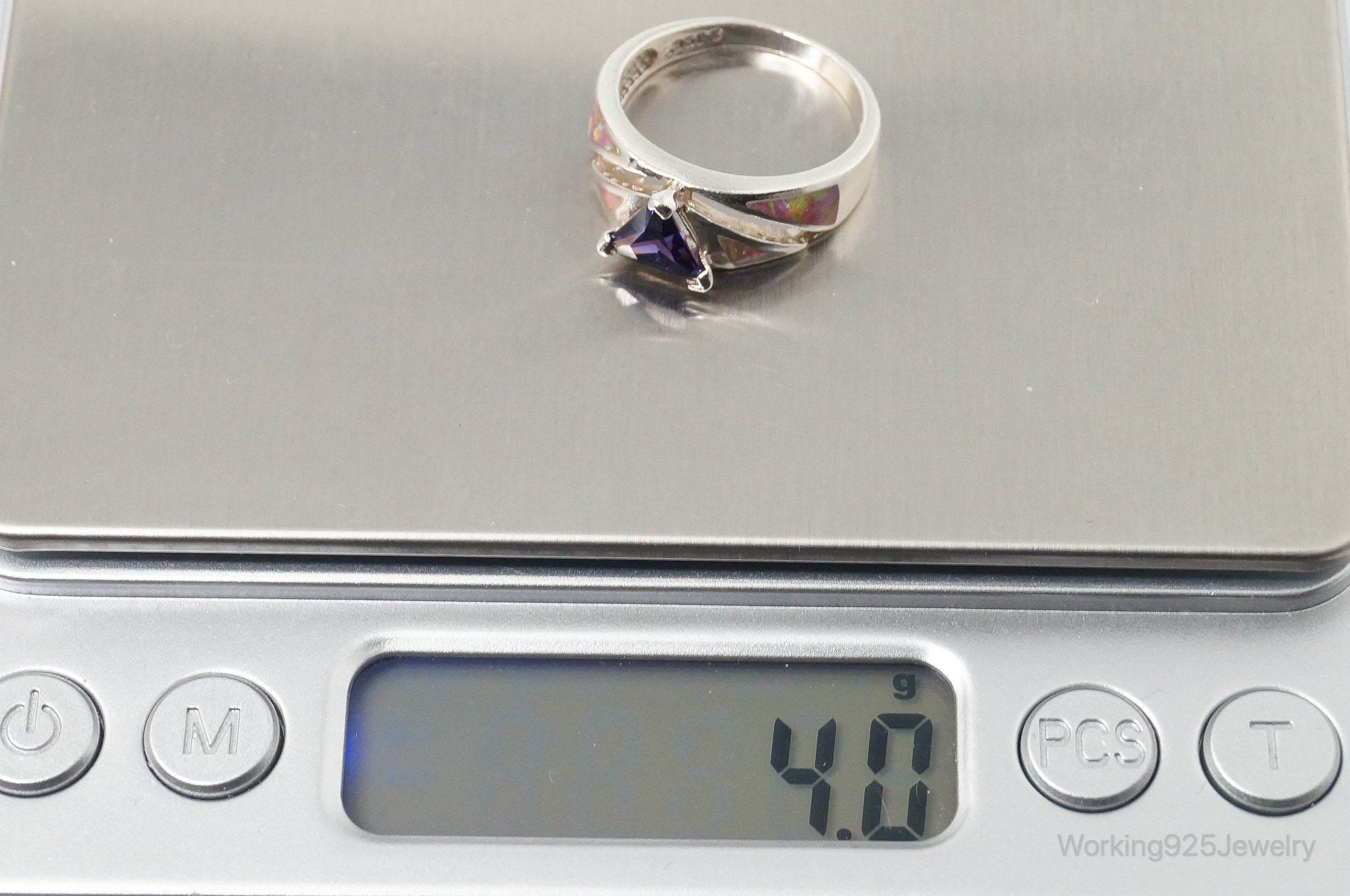 Vintage Mexico Purple CZ Ribbon Opal 950 Silver Ring - Size 7.25