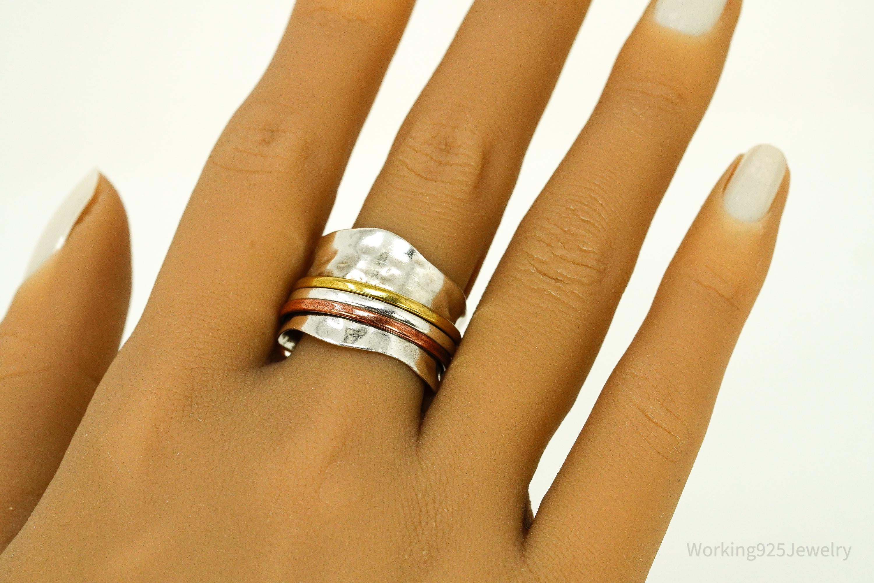 Vintage Brass Copper Sterling Silver Israel Spinner Band Ring- Size 10.5