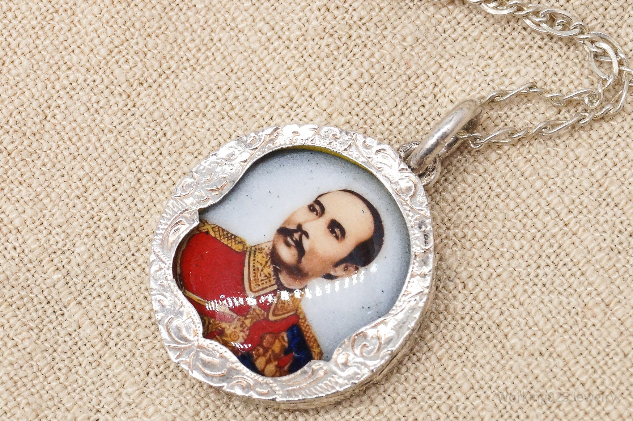 Vintage King Rama V King Of Siam Portrait Sterling Silver Necklace 18"