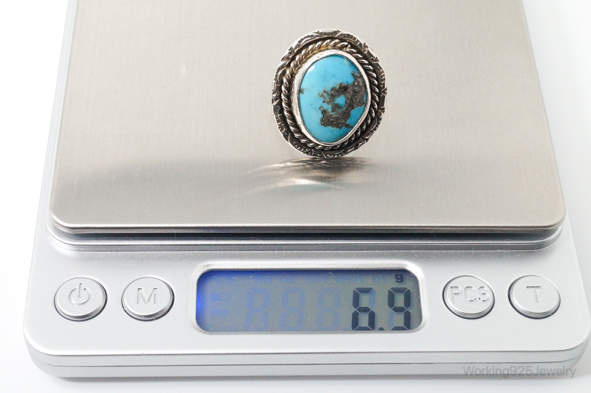 Vintage Native American Blue Turquoise Unsigned Sterling Silver Ring - Sz 8.25