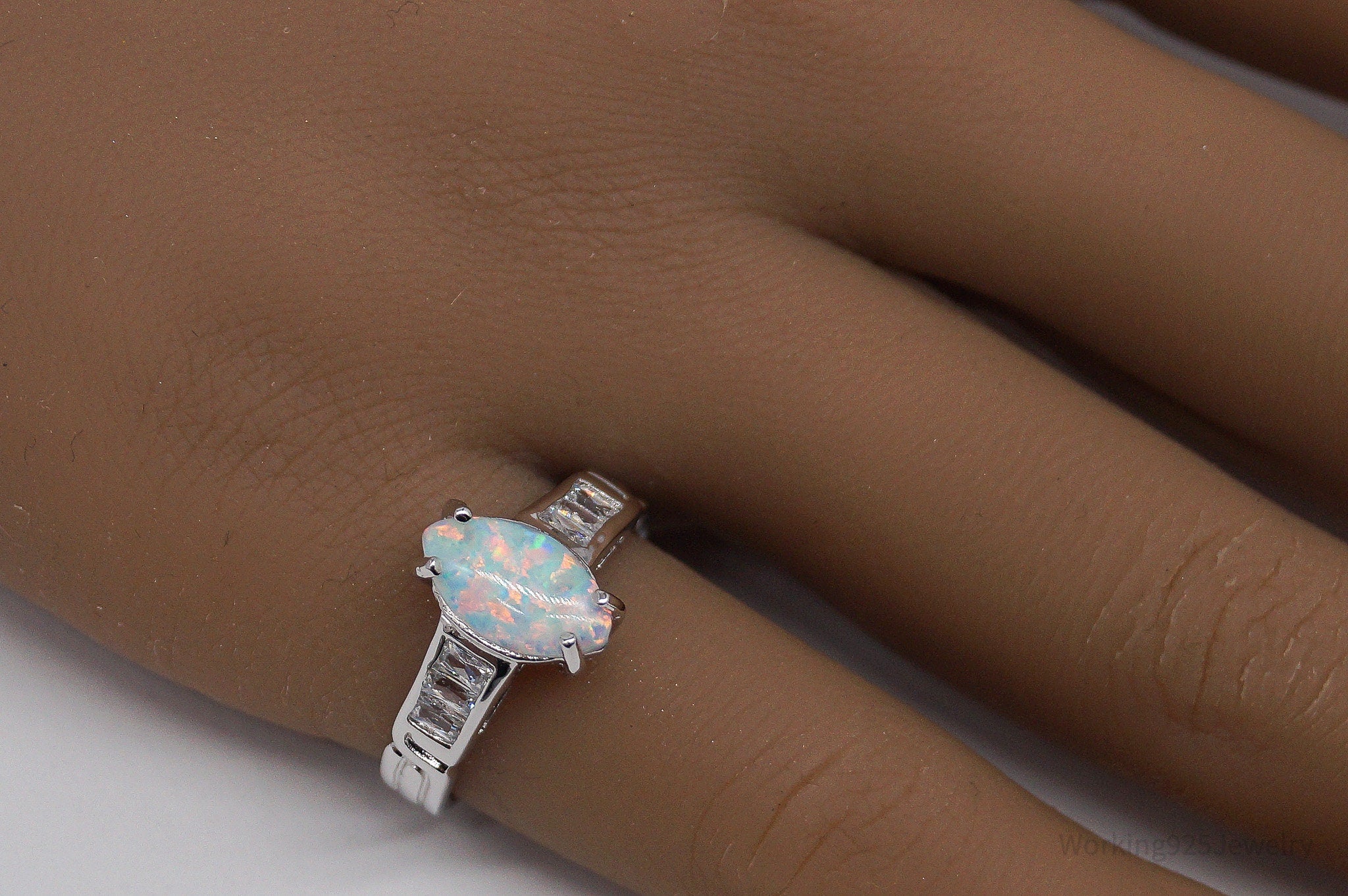 Vintage Opal & Cubic Zirconia Sterling Silver Ring - Size 5.75