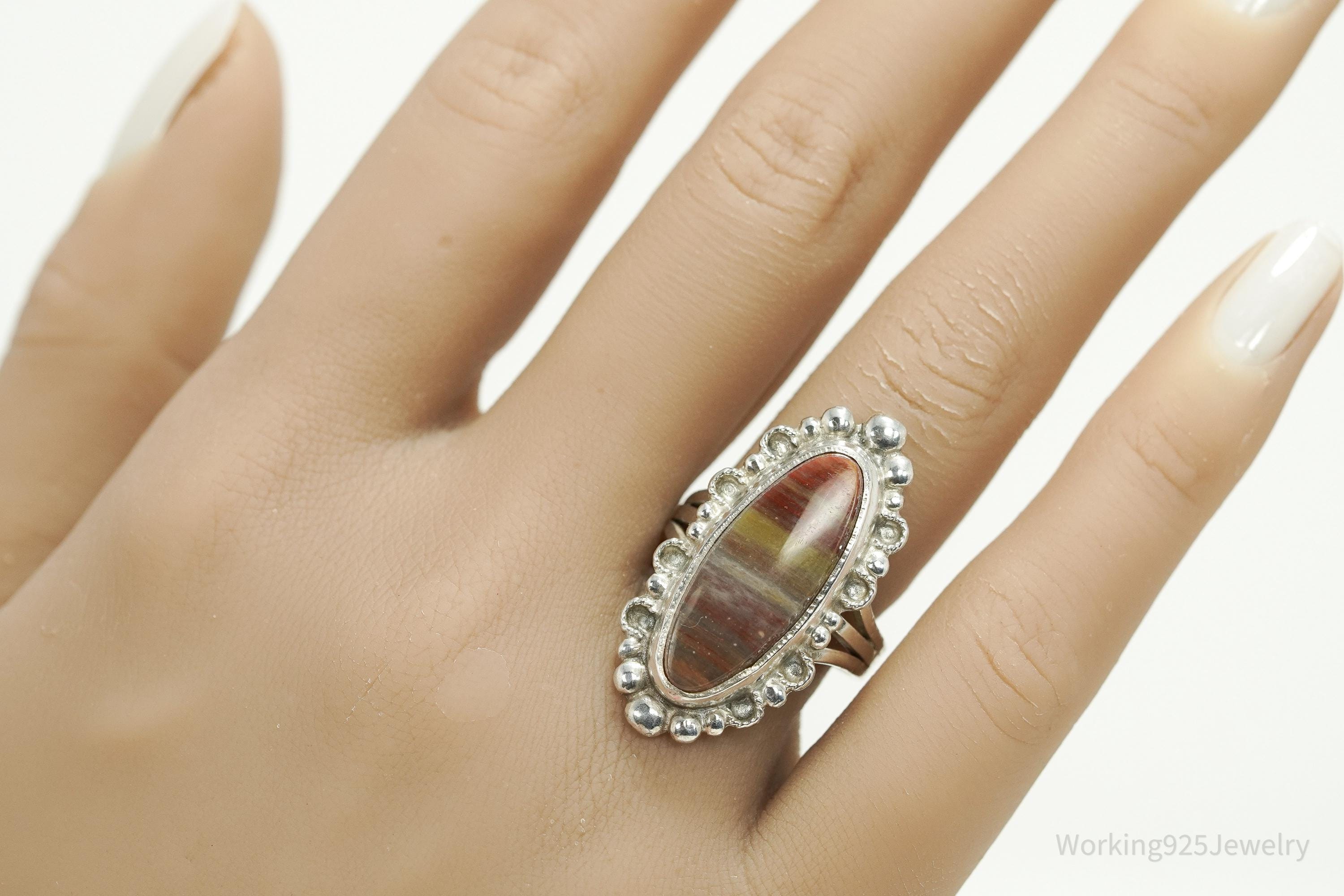 Vintage Handmade Native American Agate Sterling Silver Ring - Size 8