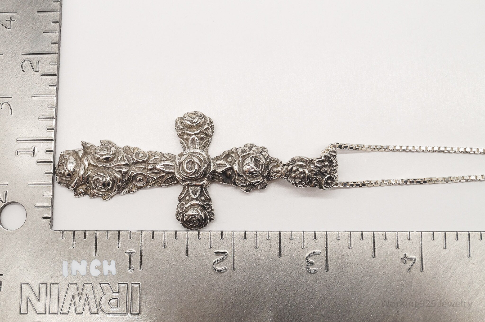 Vintage Large Rose Cross Sterling Silver Necklace 30"