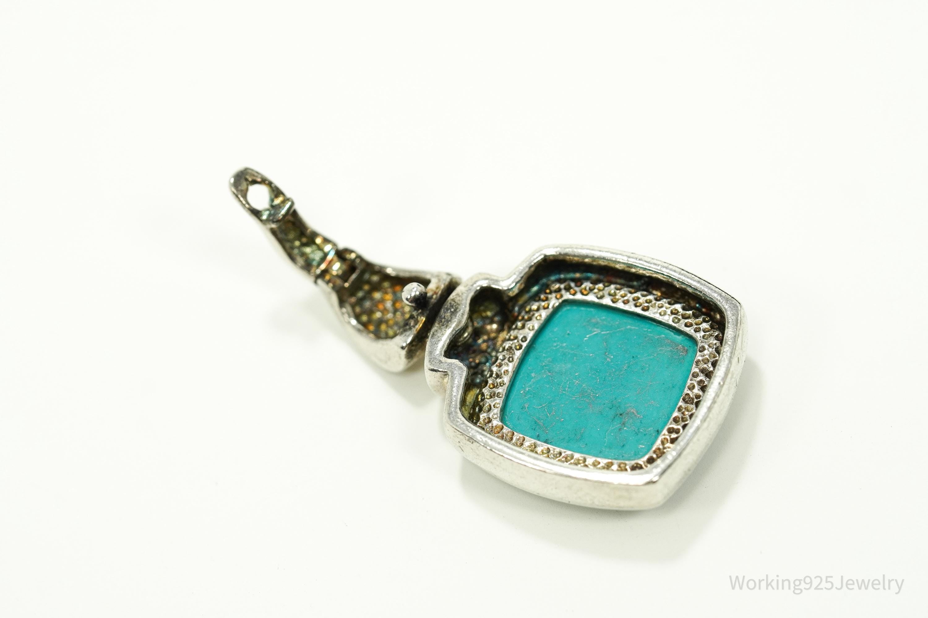 Vintage Blue Turquoise Sterling Silver Pendant 1.25"