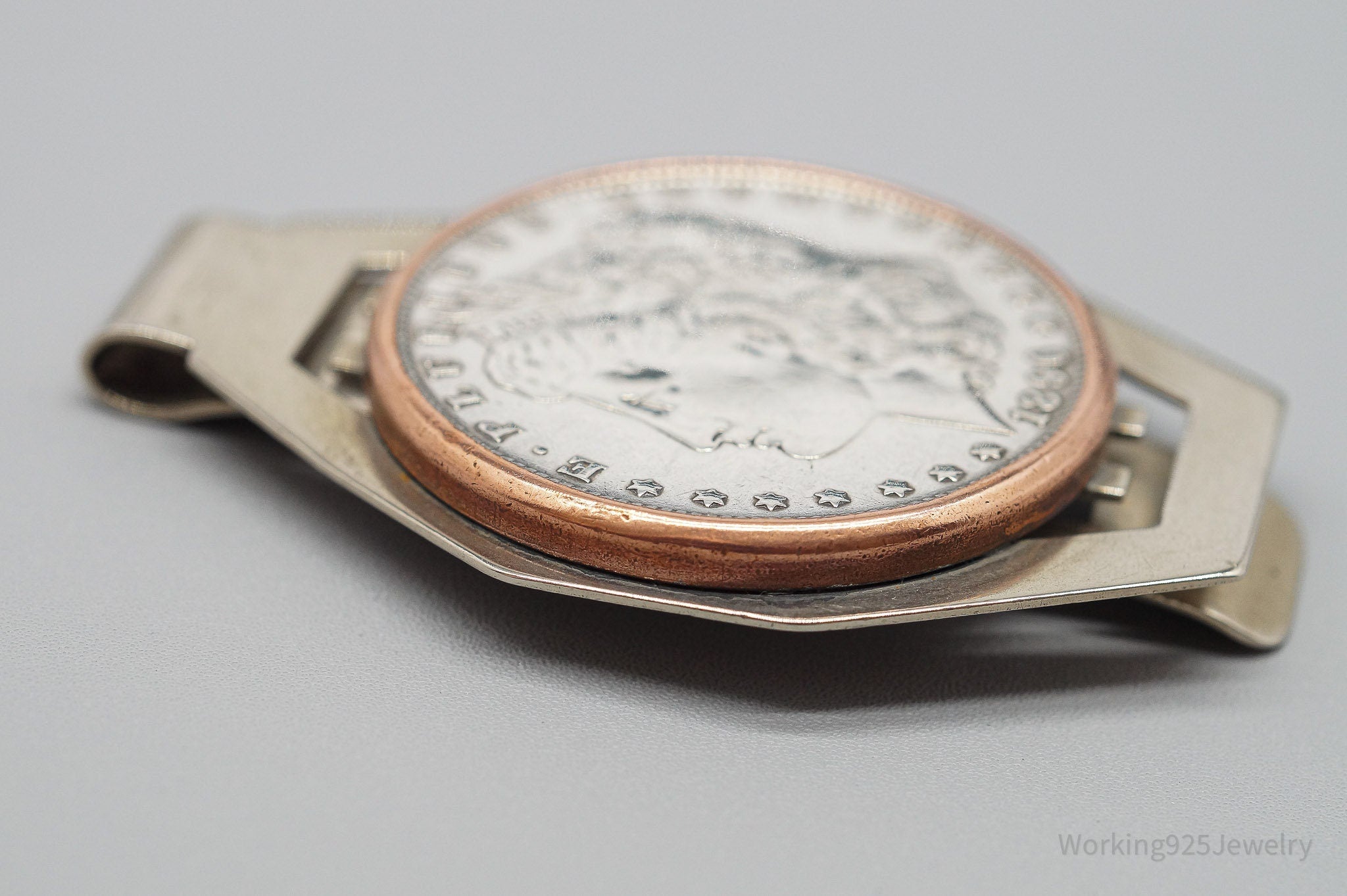 Antique 1896 Morgan Silver Dollar Coin Bell Trading Post Nickel Silver Money Clip