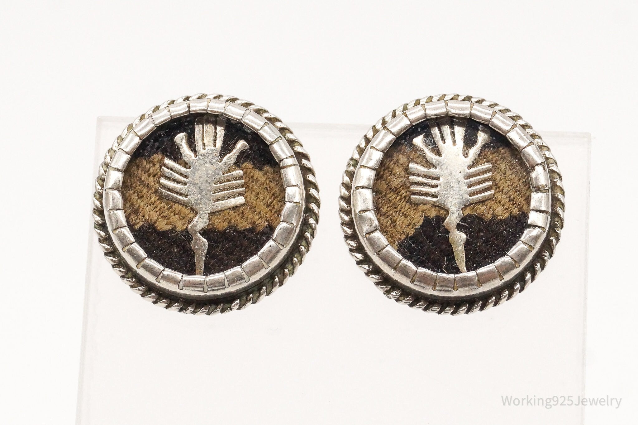 Vintage Mexican Blanket Woven Sterling Silver Earrings