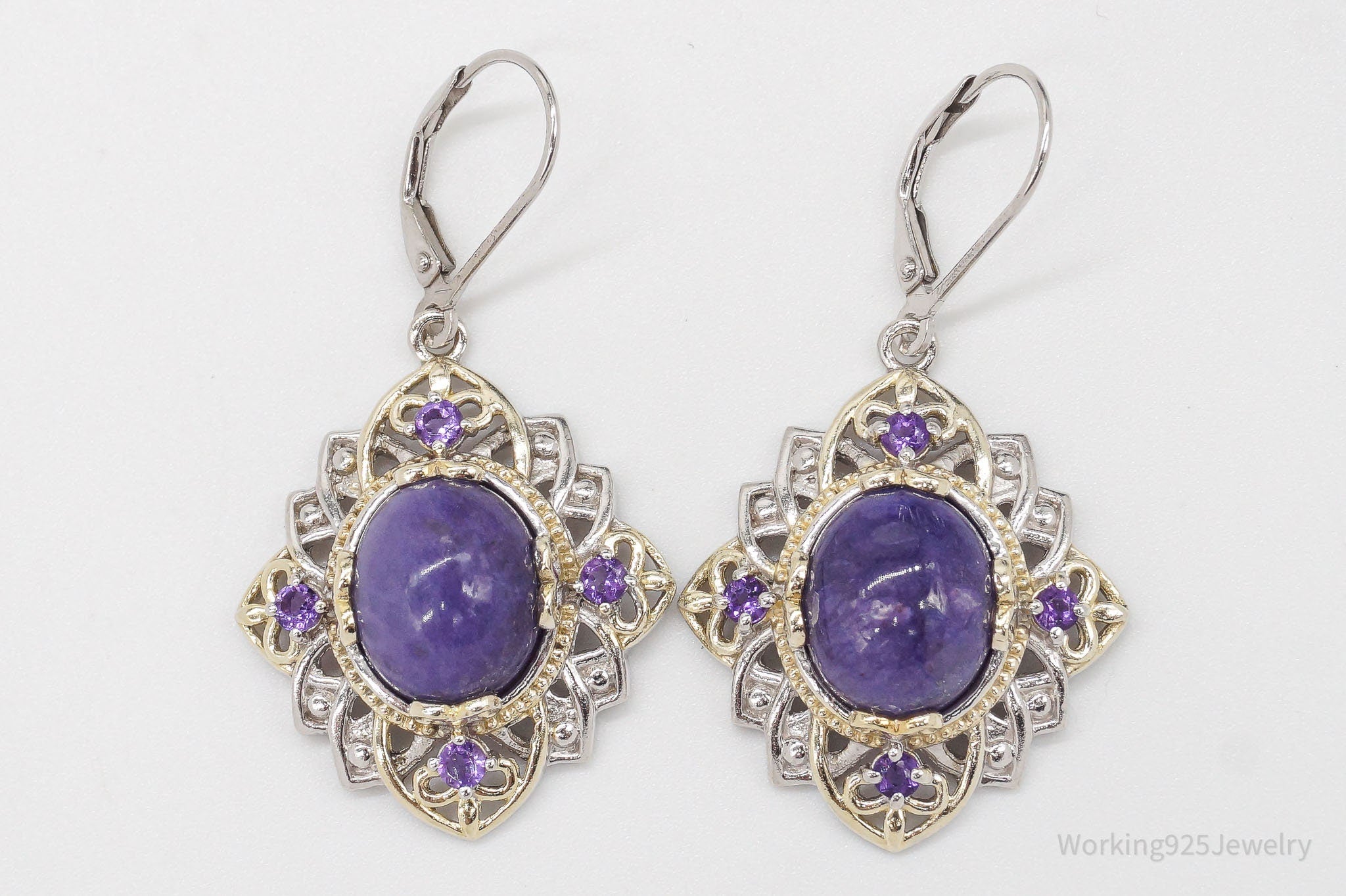 Vintage Charoite Amethyst Gold Vermeil Sterling Silver Earrings