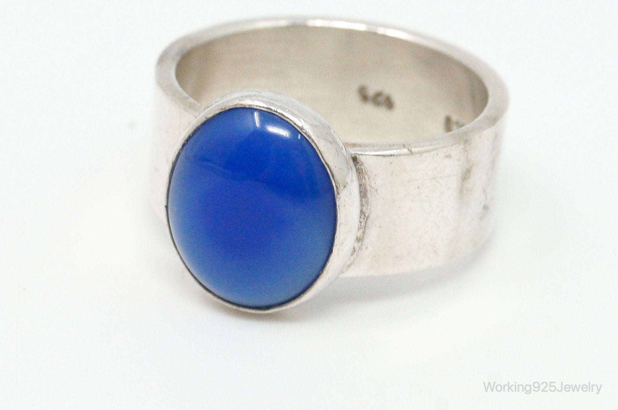 Vintage Mexico Blue Glass Modernist Sleek Sterling Silver Ring - Size 7.25