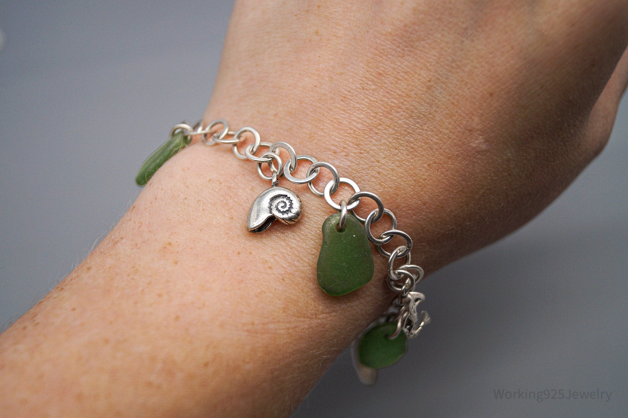 Vintage Ocean & Green Sea Glass Charms Sterling Silver Bracelet - 7.75"