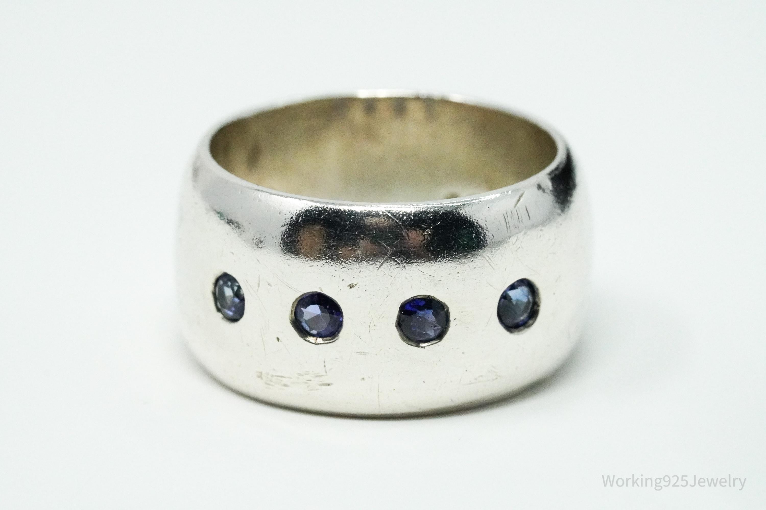 Vintage Blue Sapphire Mexico Sterling Silver Band Ring - Size 10