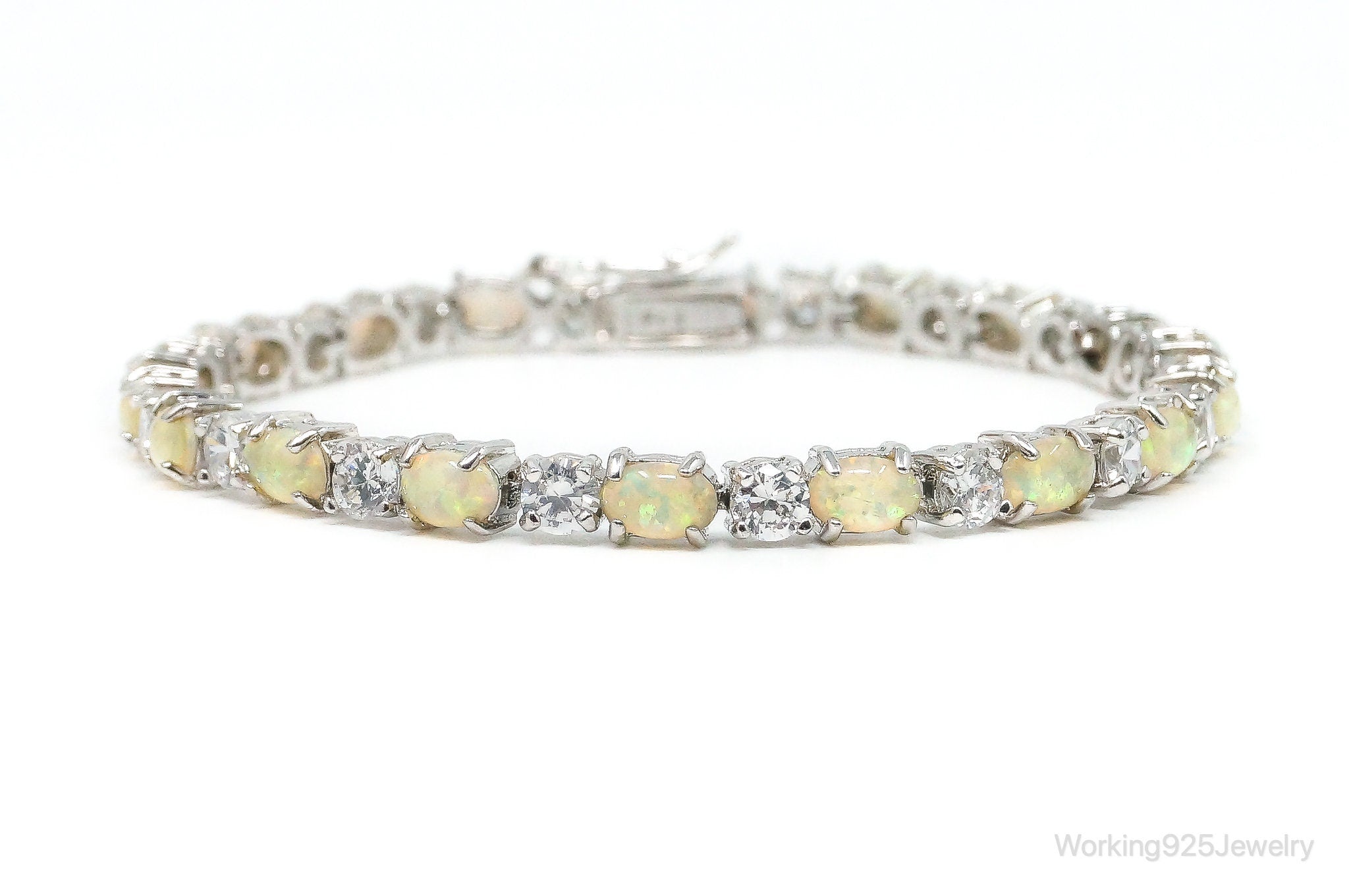 Vintage Oval Opal Doublet & Cubic Zirconia Sterling Silver Gemstone Bracelet