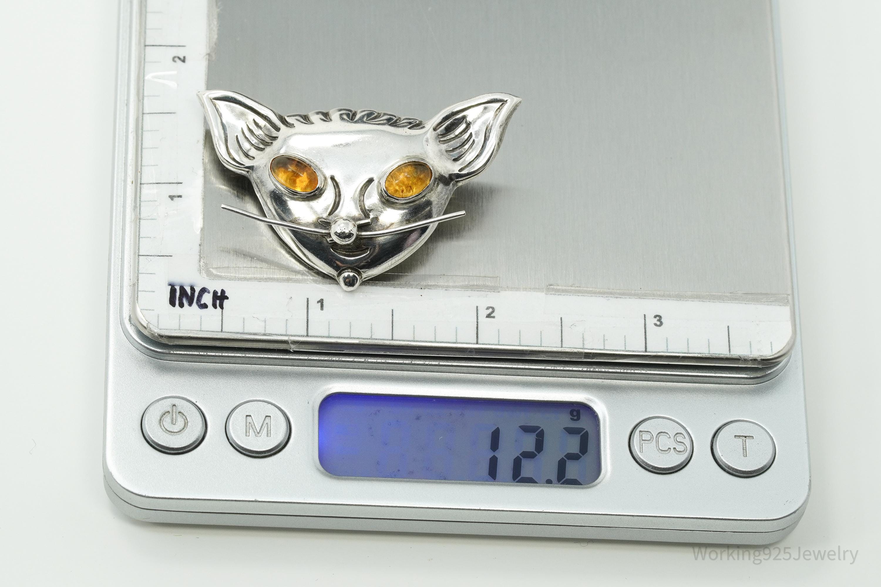 Large Vintage Mexico Amber Eyes Cat Head Sterling Silver Brooch Pin