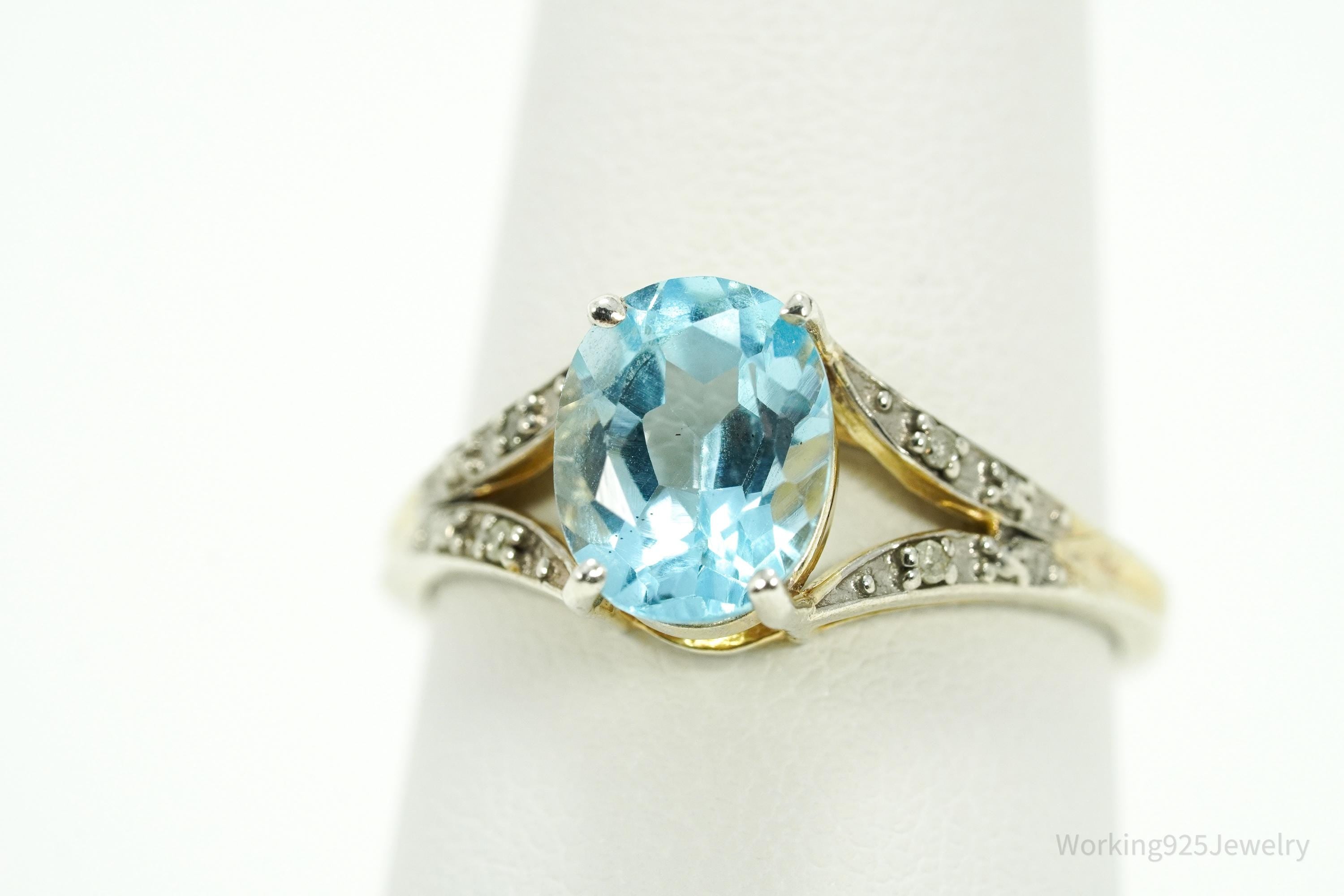 Vintage Blue Topaz & Diamond Gold Wash Sterling Silver Ring - Size 8