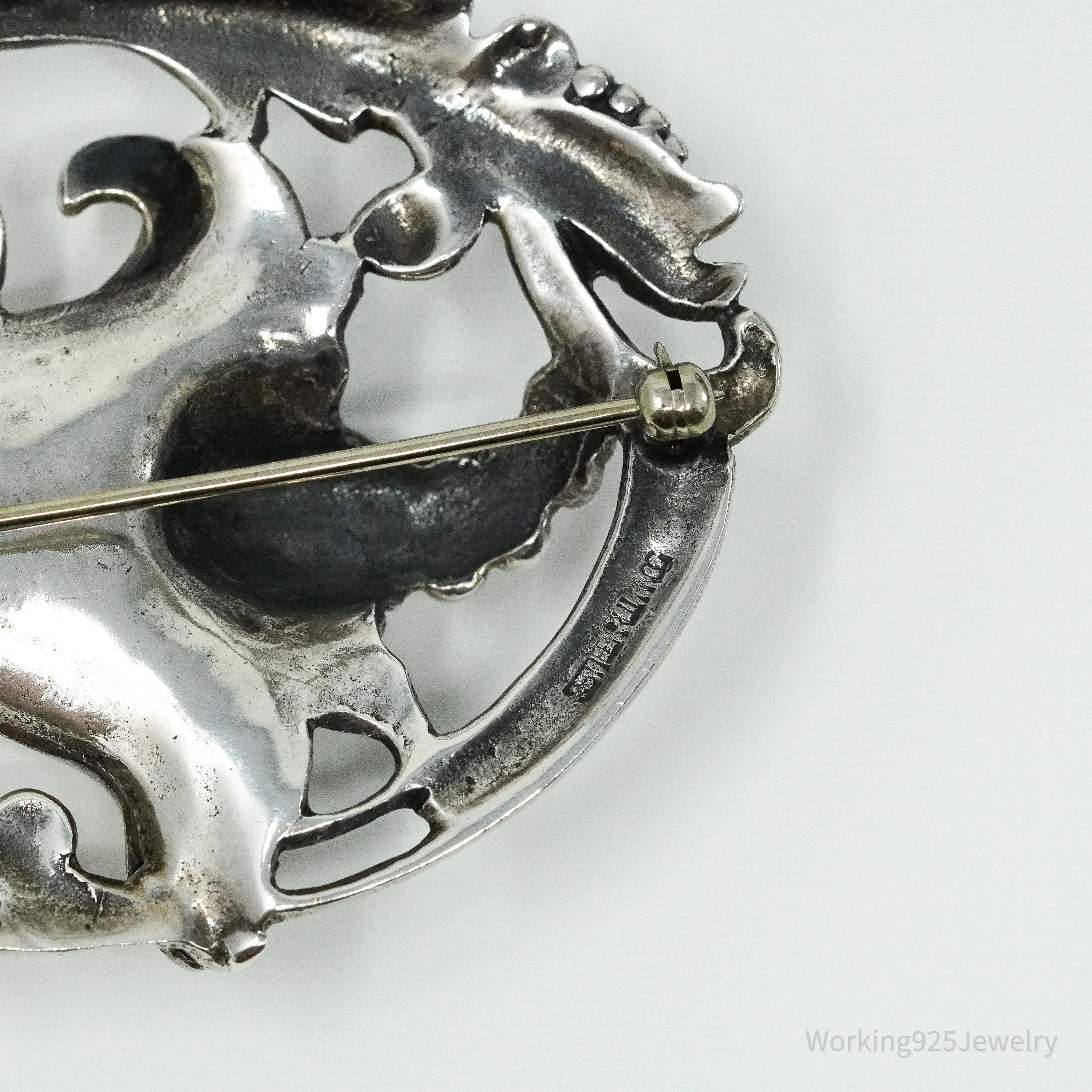 Antique Floral Sterling Silver Brooch Pin 2.5"