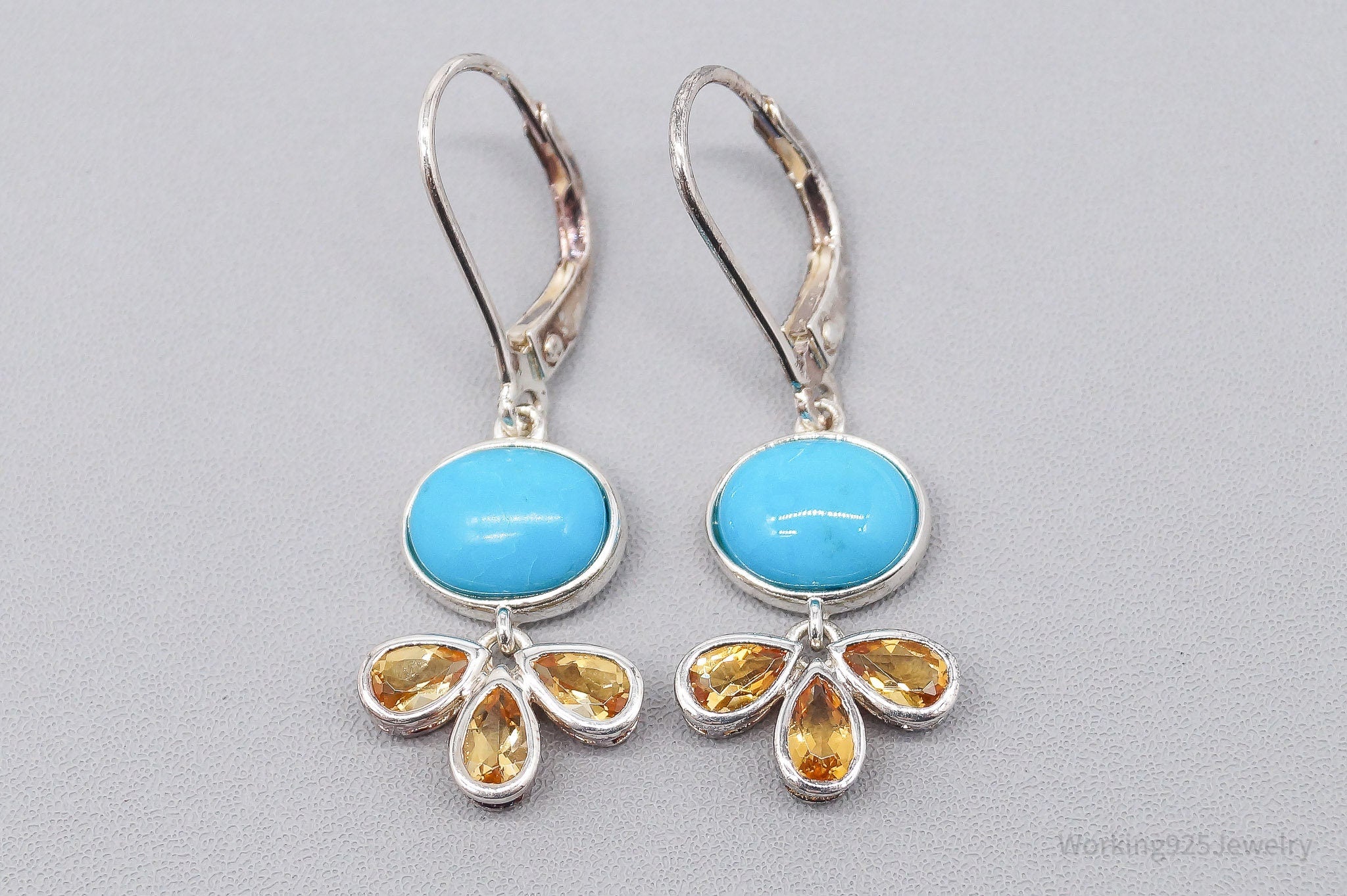 Vintage Blue Turquoise & Citrine Sterling Silver Earrings