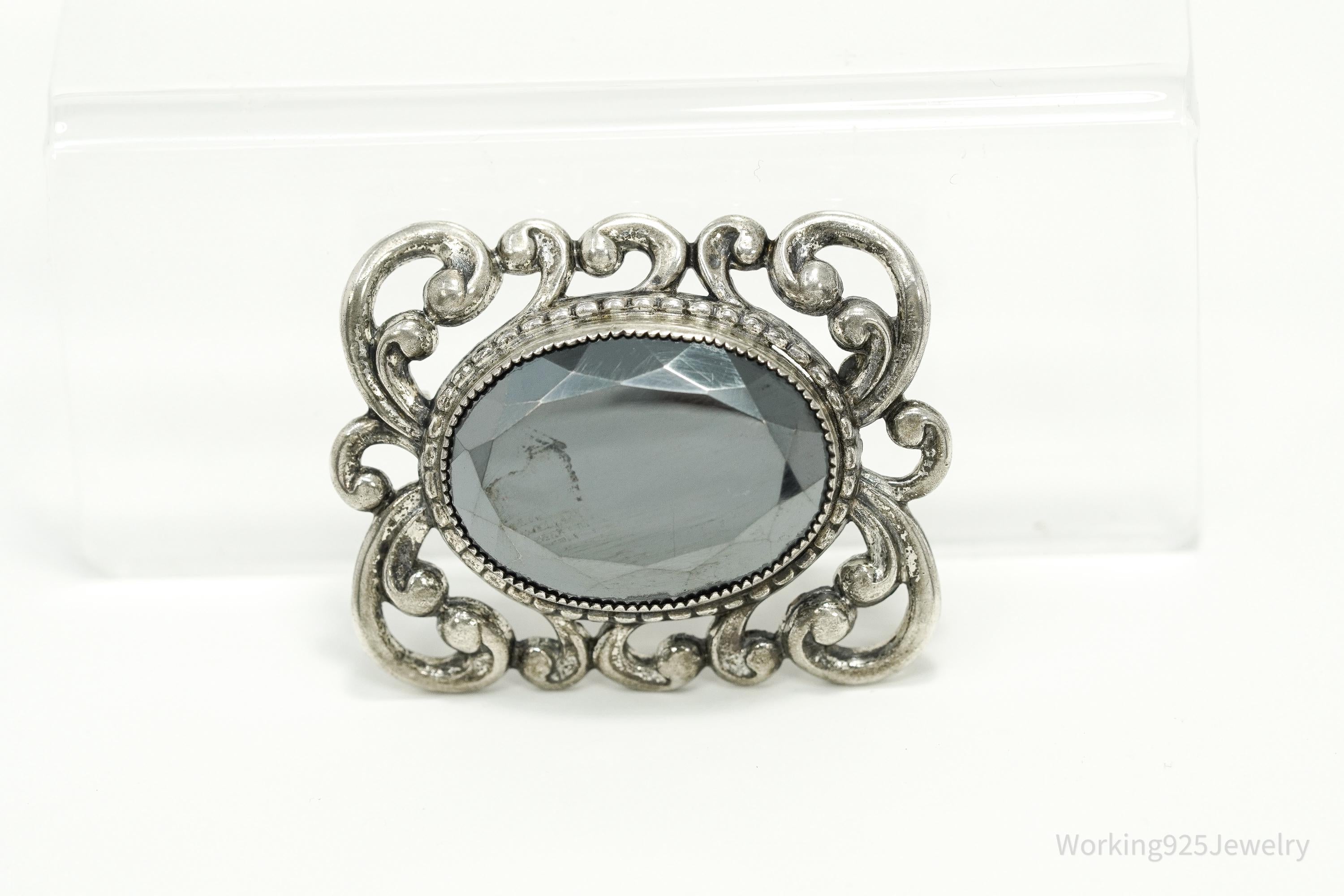 Vintage Designer Danecraft Hematite Ornate Sterling Silver Brooch Pin
