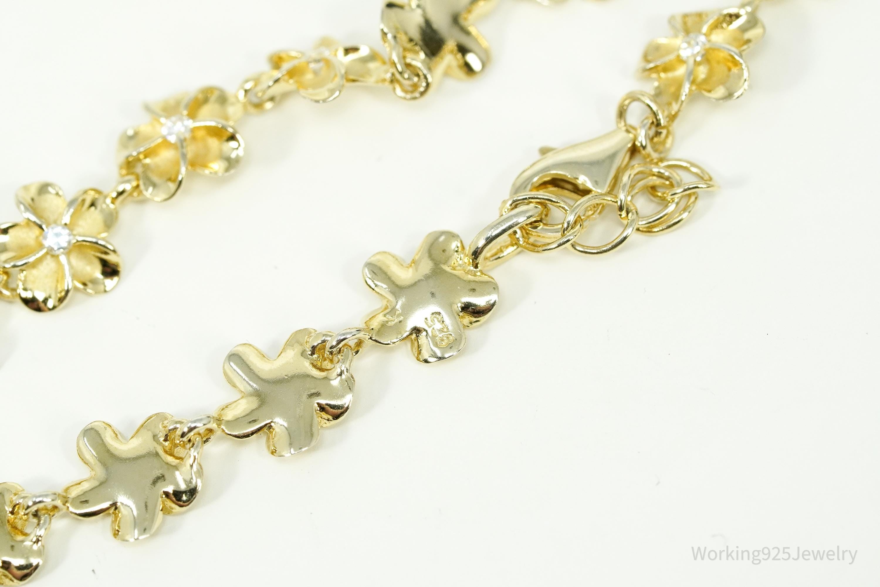 Vintage Cubic Zirconia Gold Vermeil Sterling Silver Flowers Tennis Bracelet 7.75"