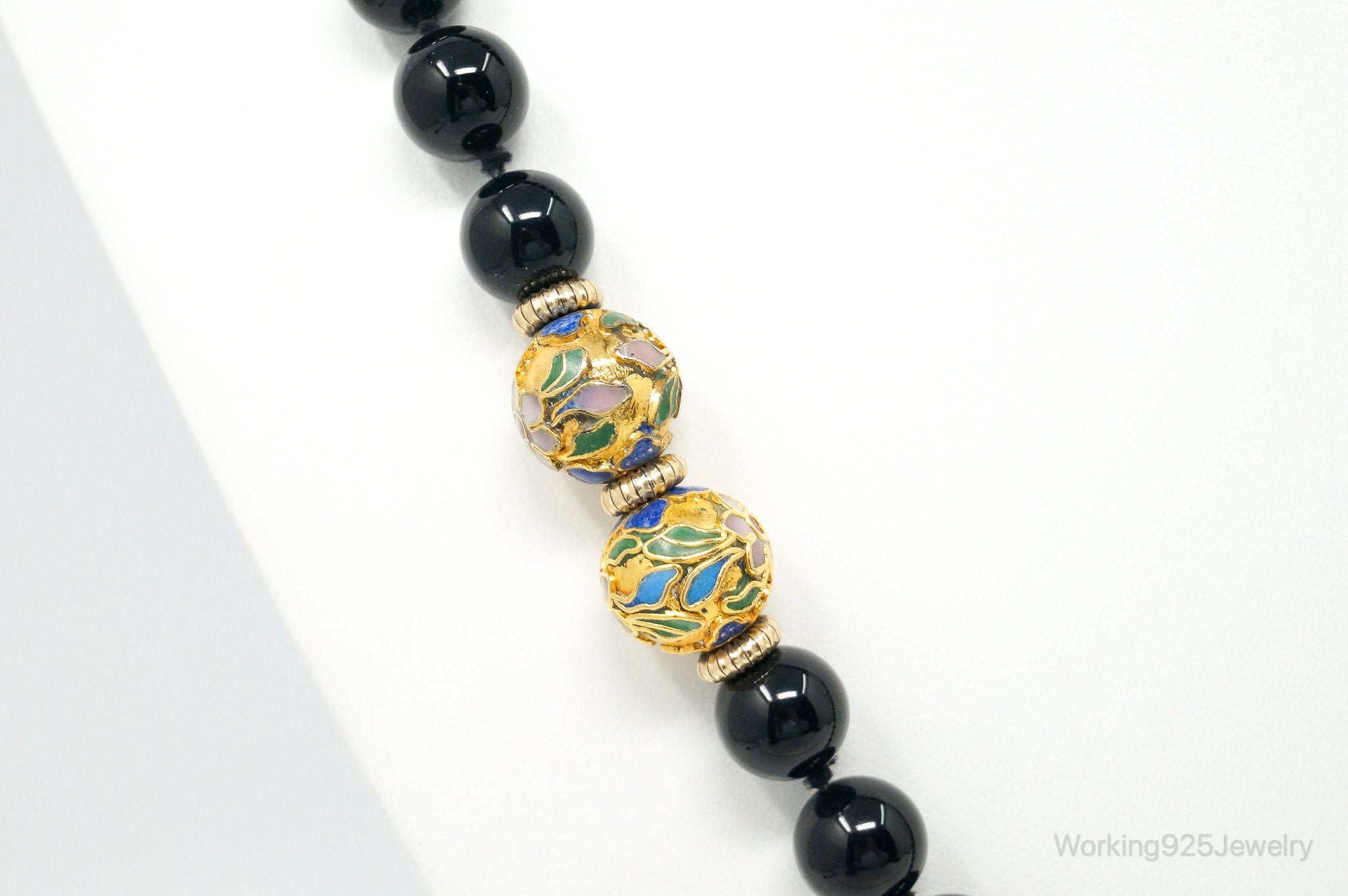 Vintage Long Black Onyx Cloisonne Beads Necklace