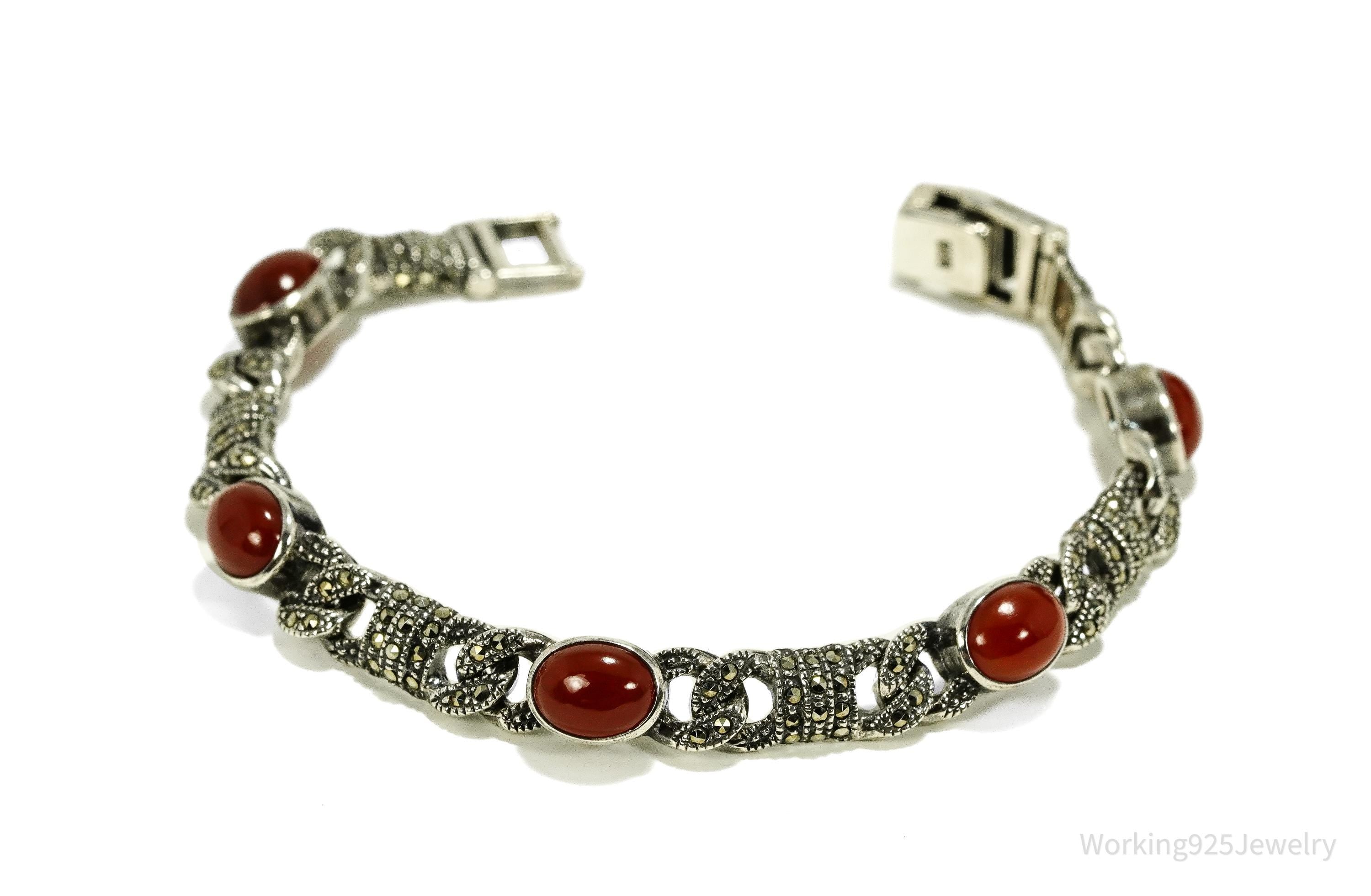 Vintage Carnelian & Marcasite Sterling Silver Bracelet 7 1/8"
