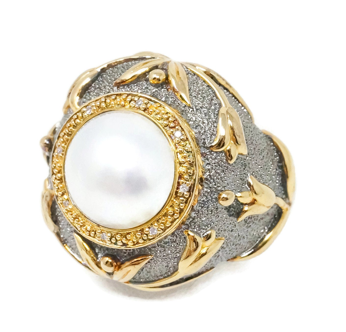 Vintage Pearl Gold Wash Diamond Art Nouveau Oxidized Ring Sterling Silver Sz 8