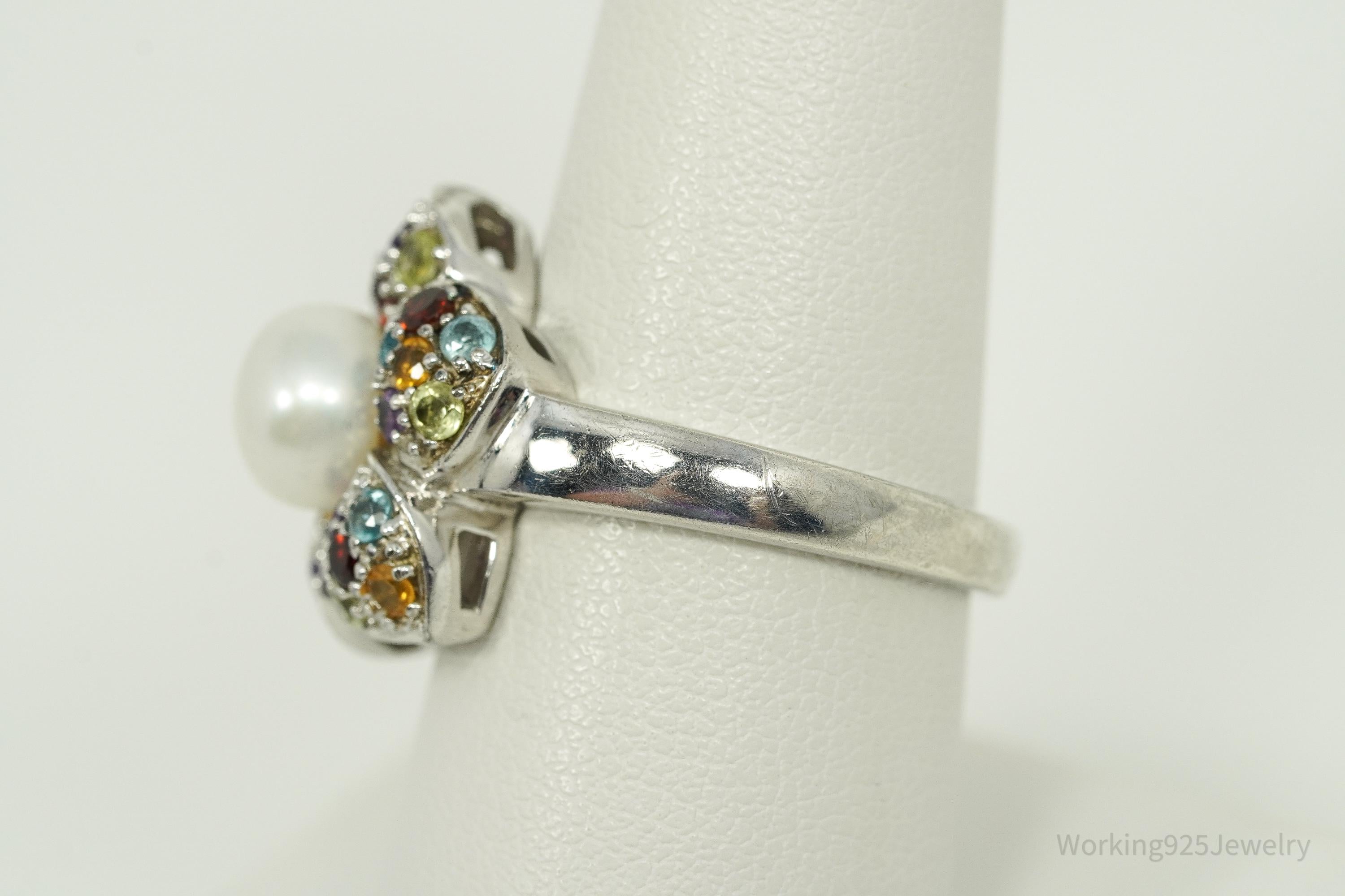 Vintage Designer Pearl & Multi Gem Sterling Silver Ring - Size 8