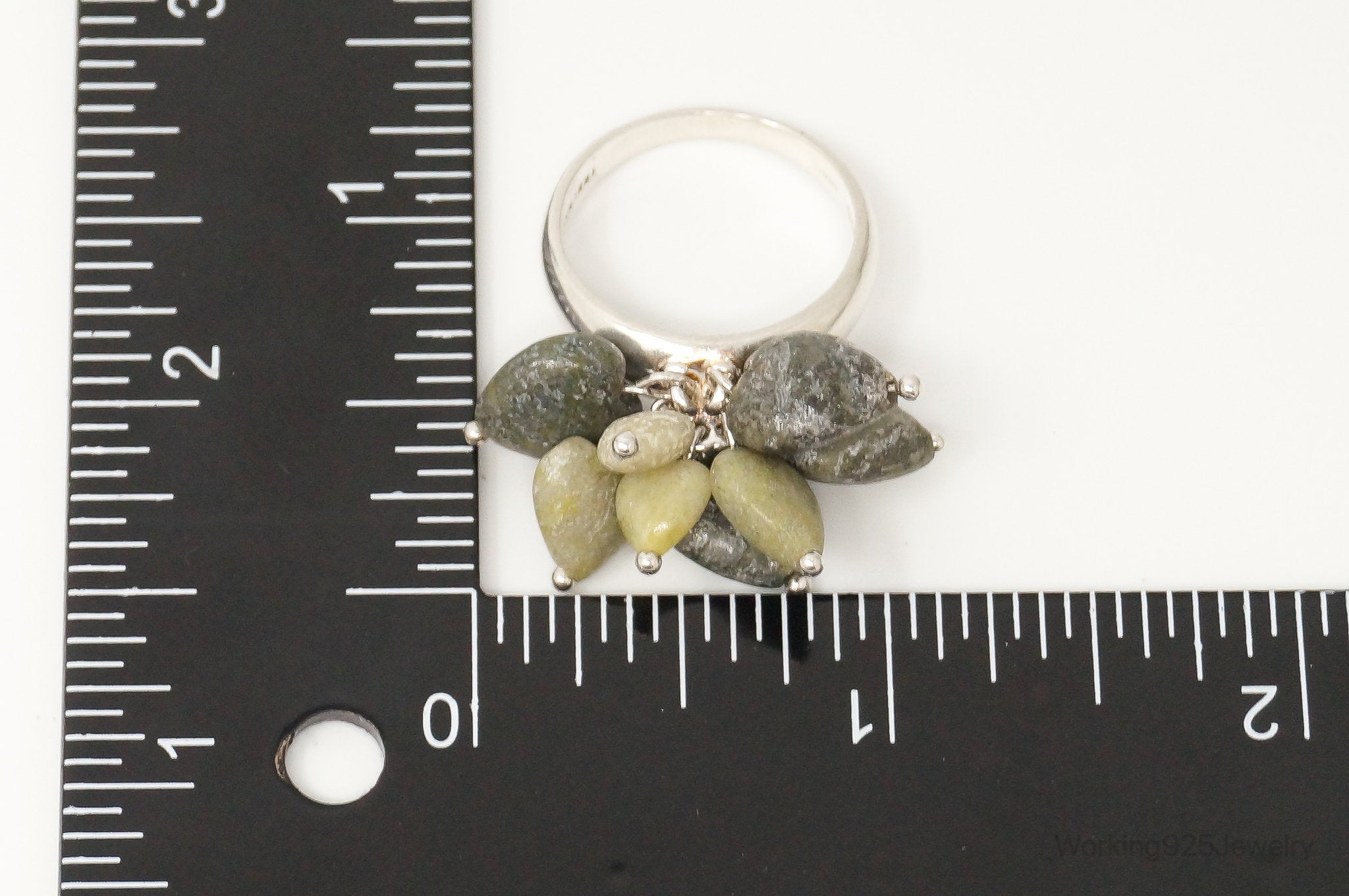 Vintage Western Style Green Gemstone Heart Charms Sterling Silver Ring SZ 8