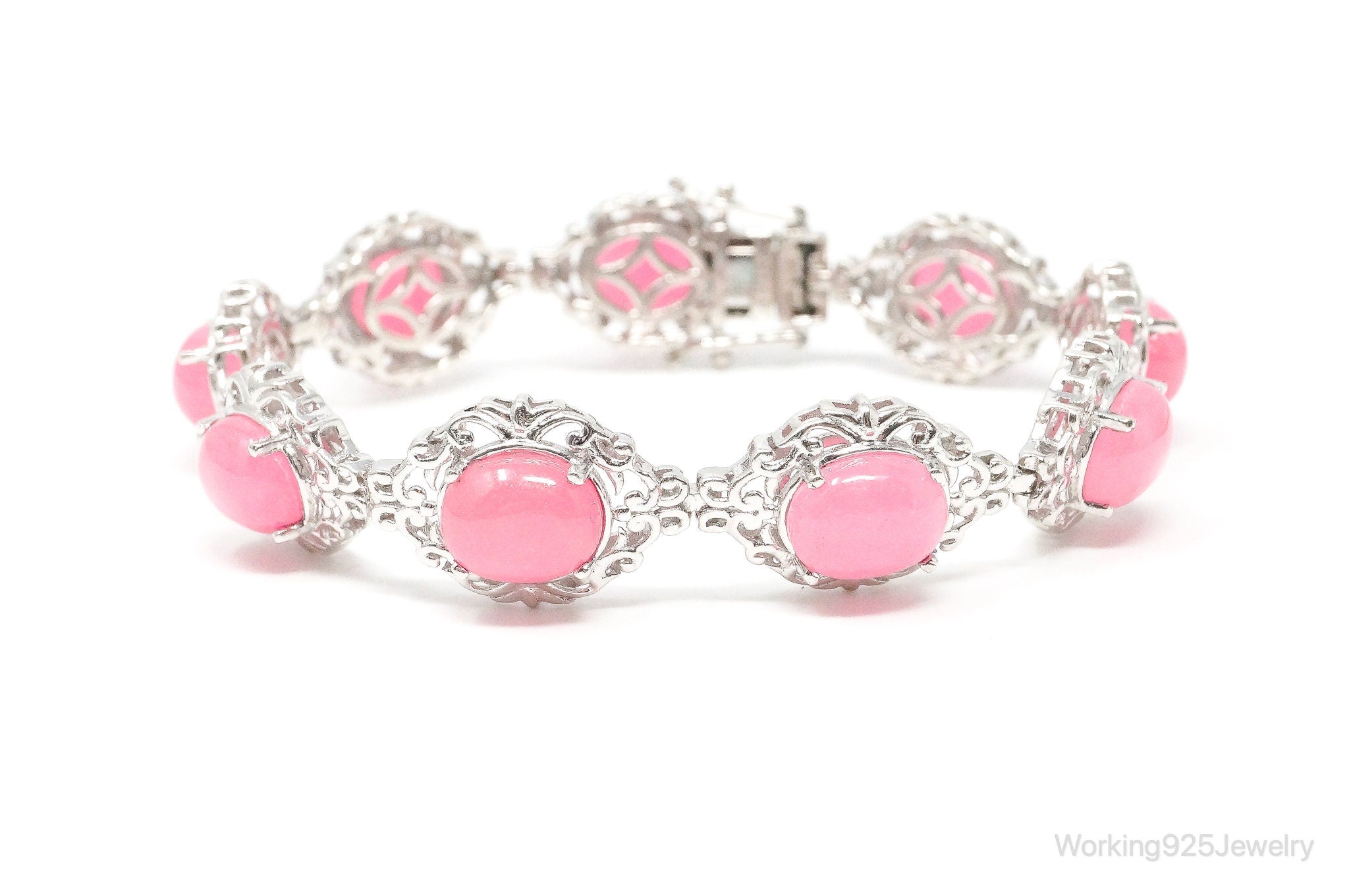 X492 Vintage Pink Jade Sterling Silver Bracelet