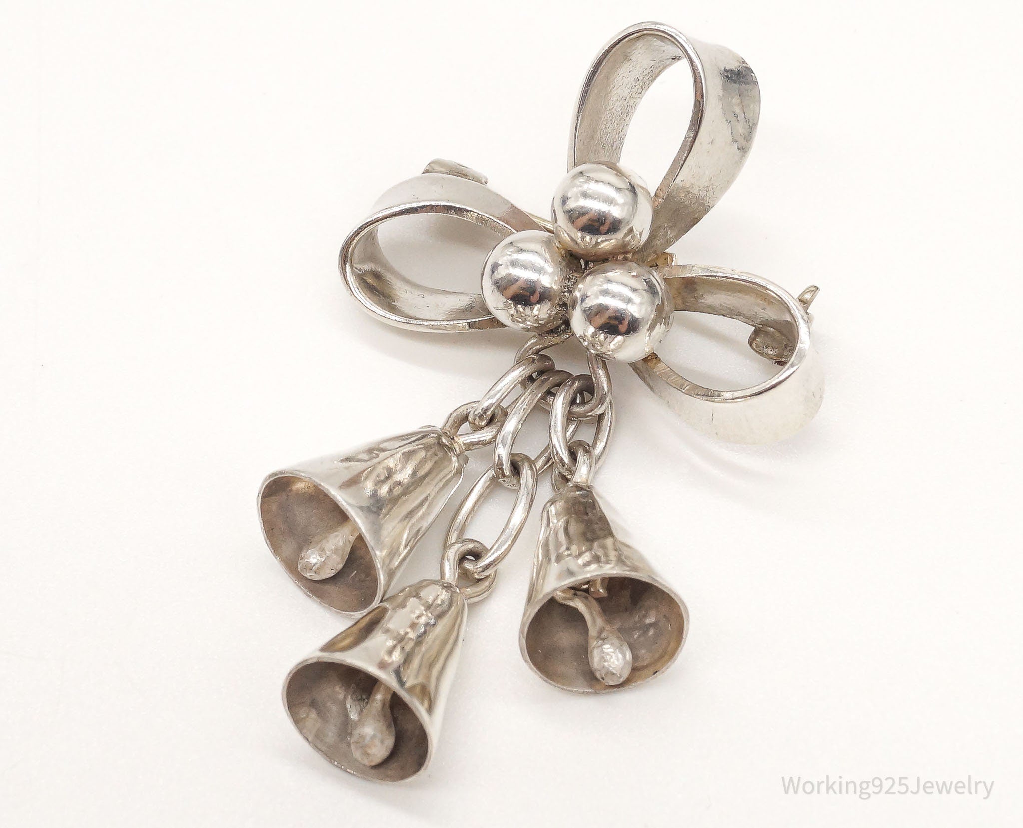 Vintage Mexico Bells Bow & Berrys Sterling Silver Brooch Pin