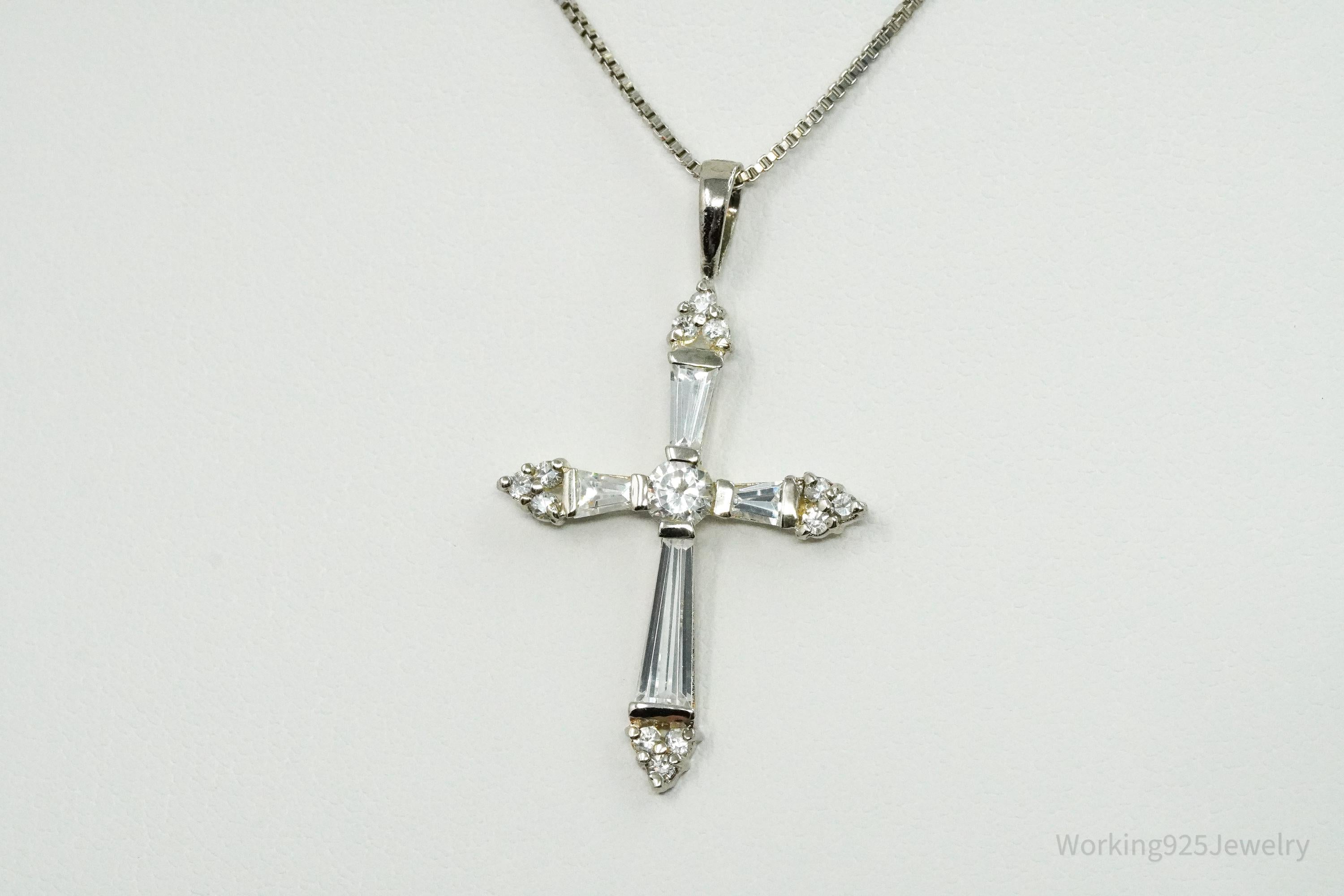 Vintage Ross Simons Cubic Zirconia Cross Sterling Silver Necklace 18"