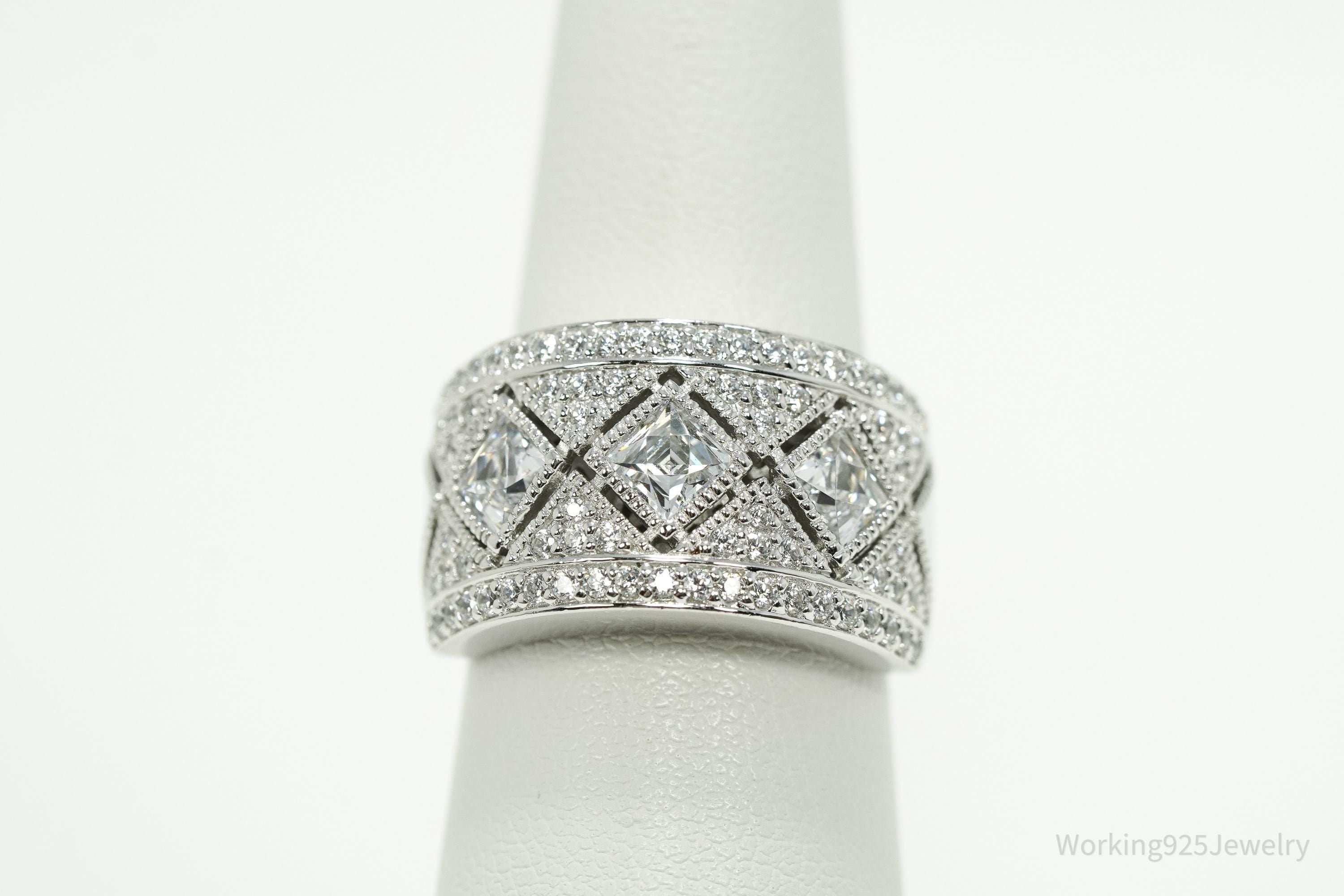 Designer Tycoon Cubic Zirconia Sterling Silver Wide Band Ring - Size 7