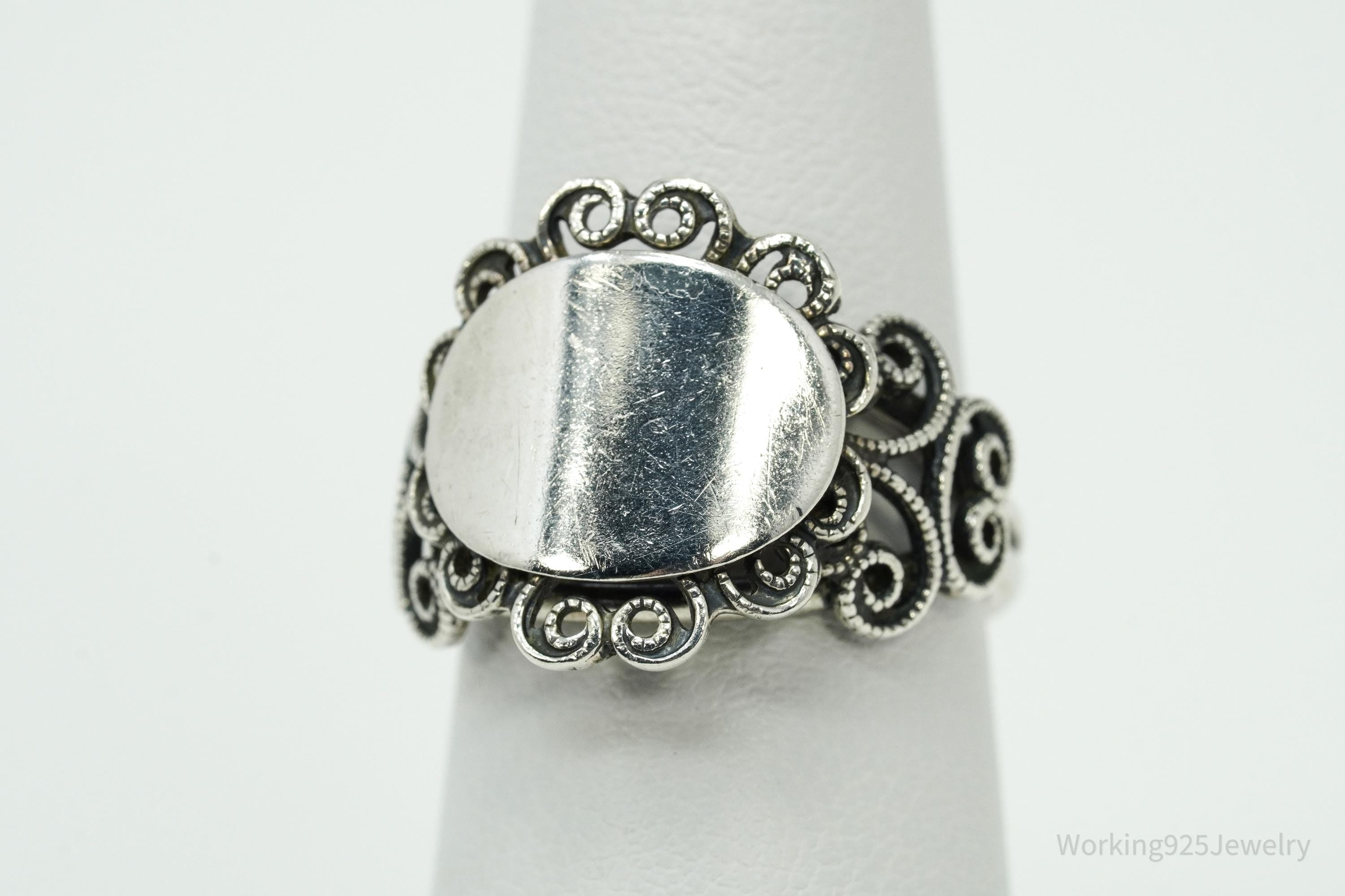 Vintage Designer Beau Filigree Sterling Silver Ring - Adjustable Size 6.25