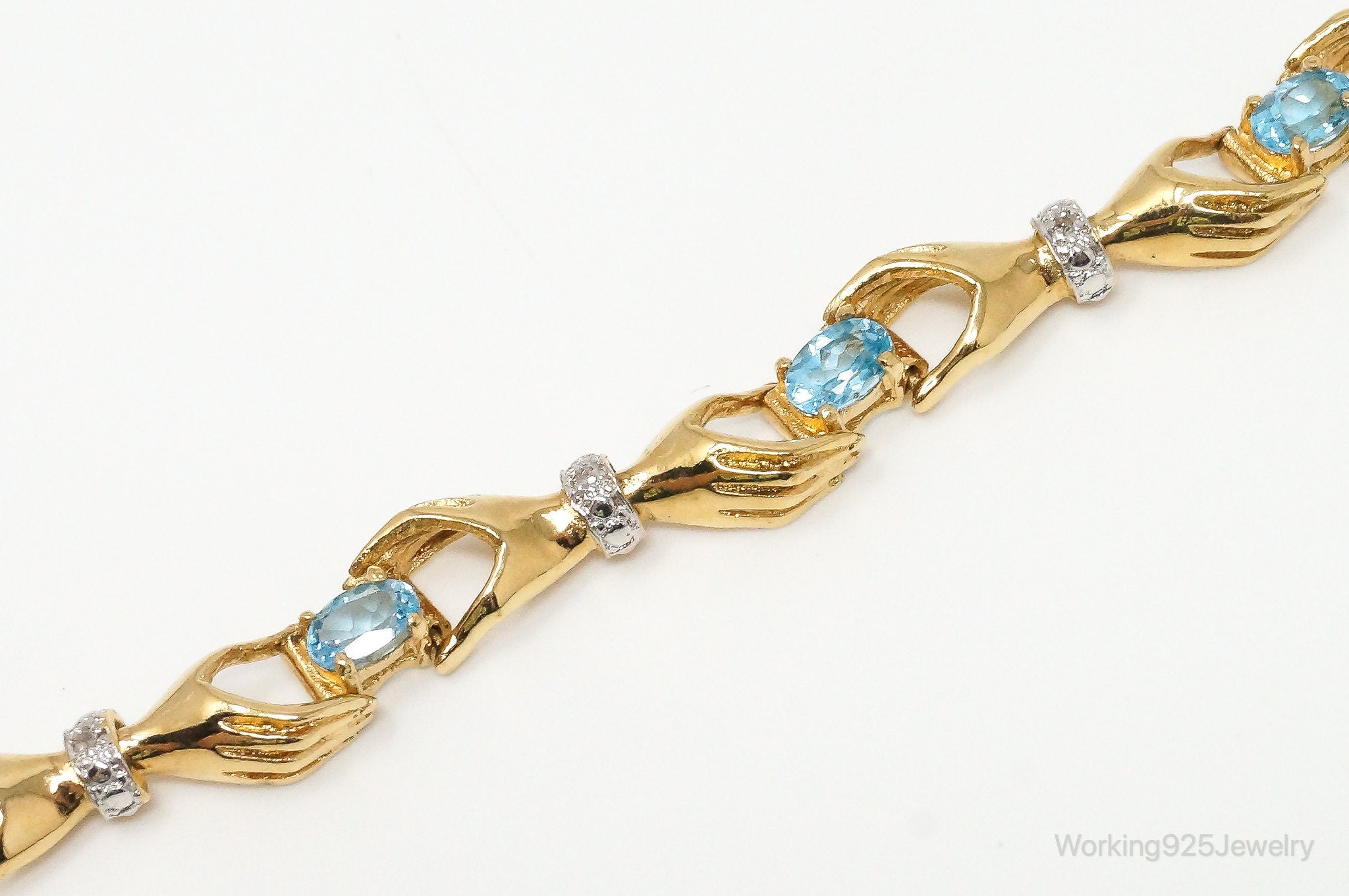 Vintage Two Hands Blue Topaz Diamond Gold Vermeil Sterling Silver Bracelet