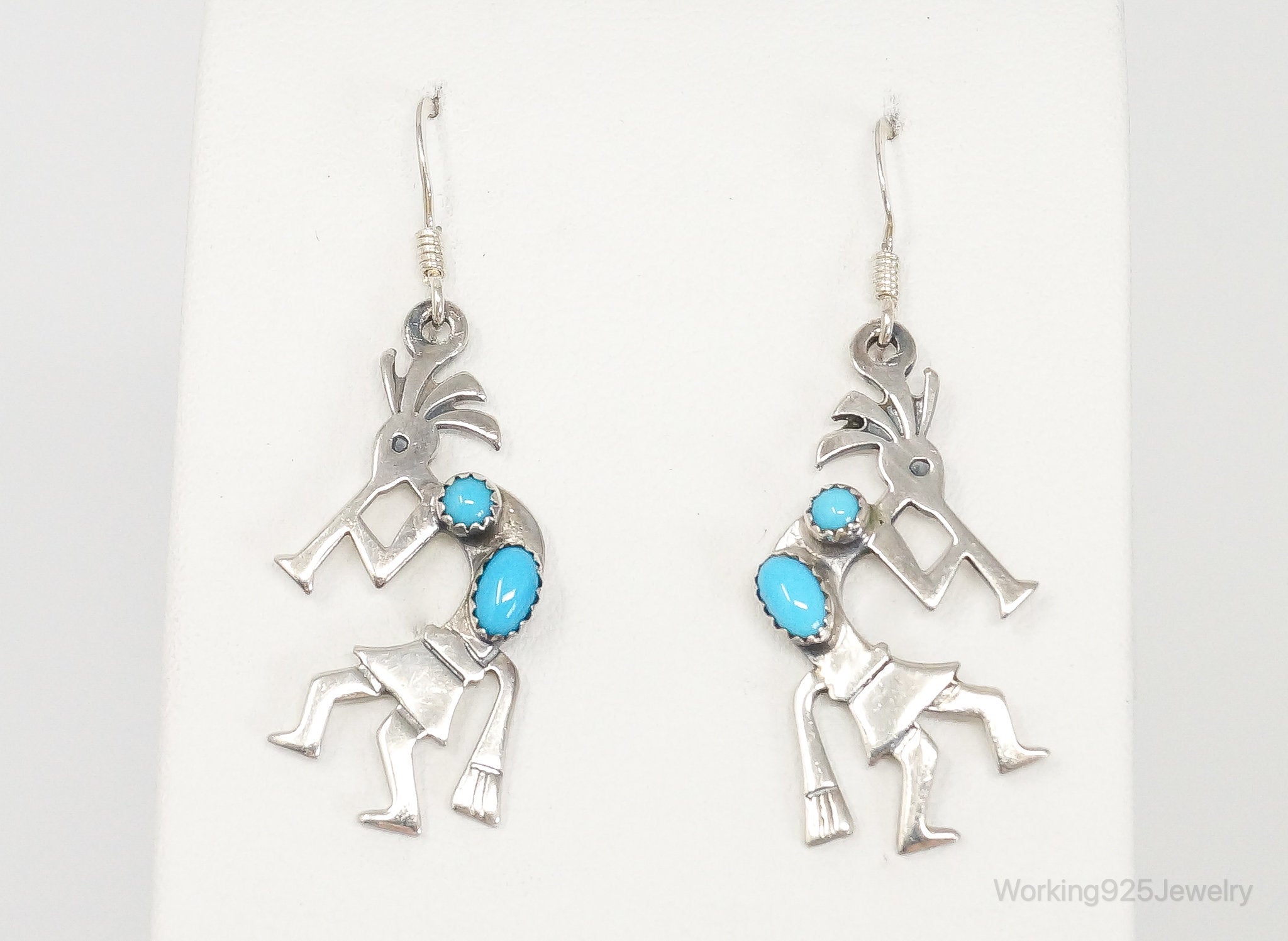 Vintage Native American Turquoise Dancing Kokopelli Sterling Silver Earrings