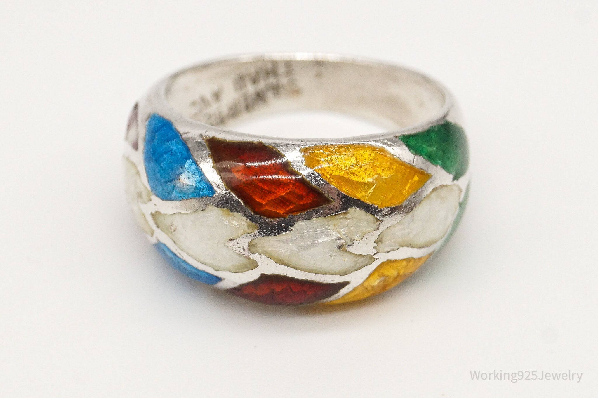 Vintage Enamel Design Hearts Thai Sterling Silver Ring - Size 6