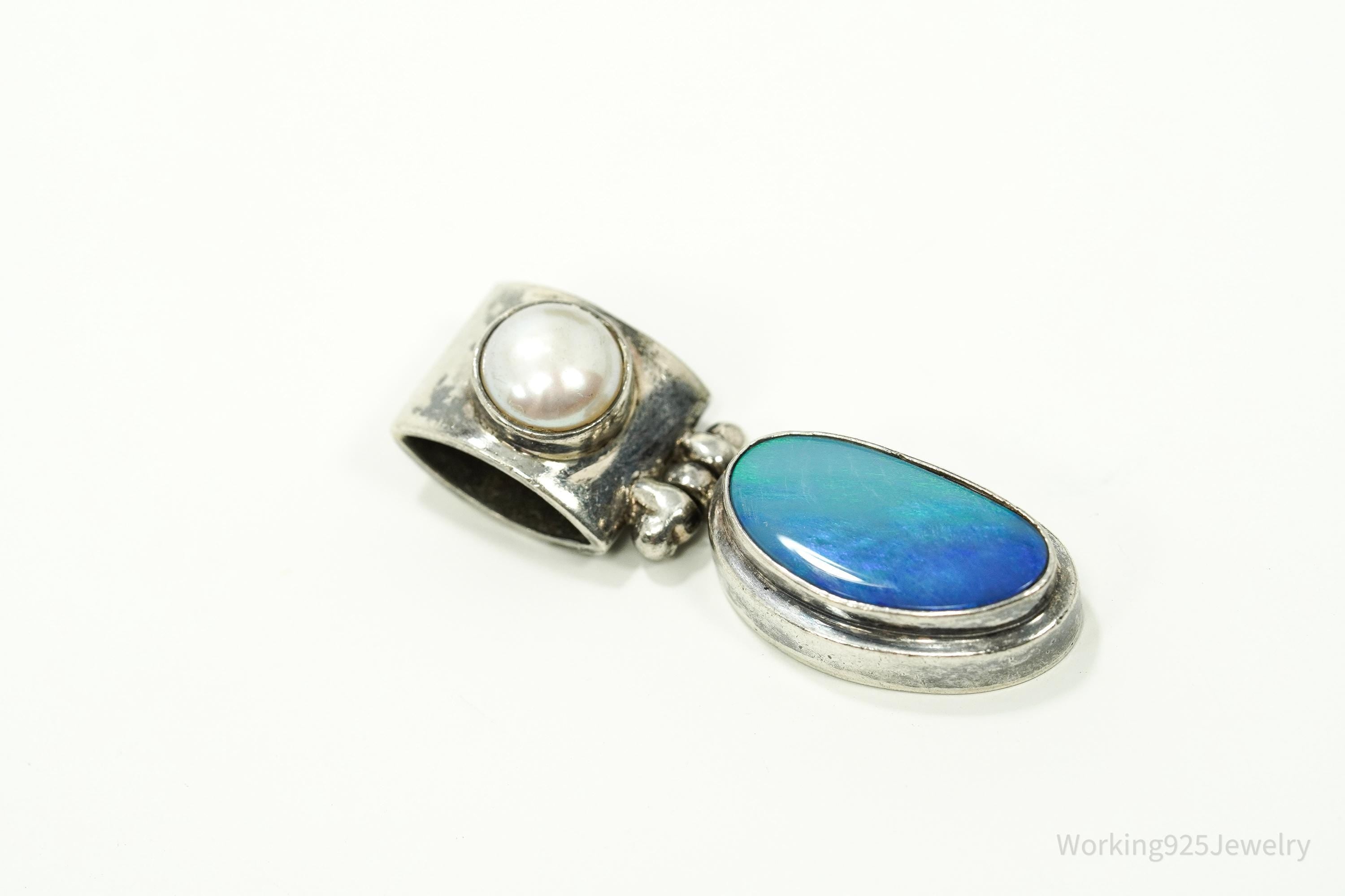 Large Vintage Blue Opal & Pearl Sterling Silver Pendant
