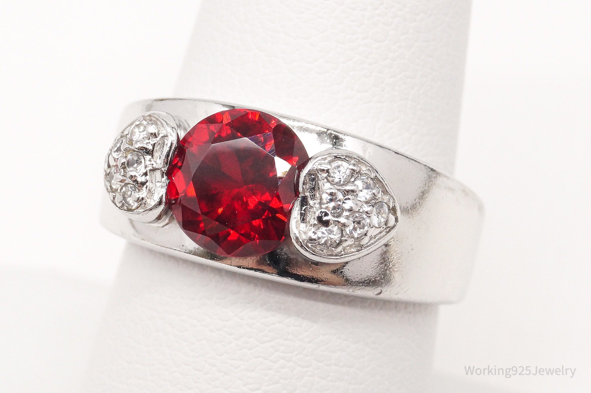 Vintage Lab Ruby Cubic Zirconia Sterling Silver Ring - Size 7.75