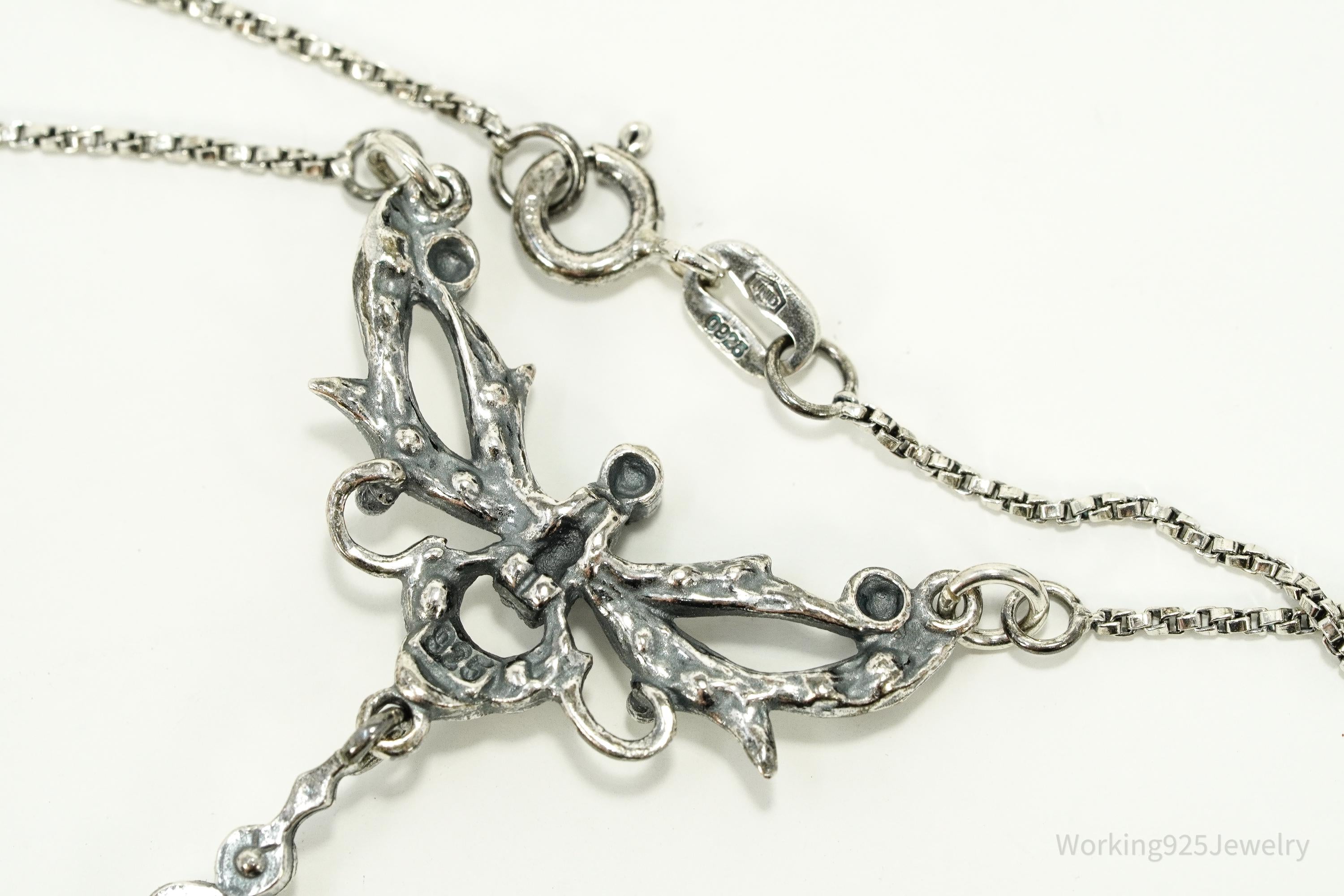 Vintage Art Nouveau Style Crystal Sterling Silver Necklace 15"